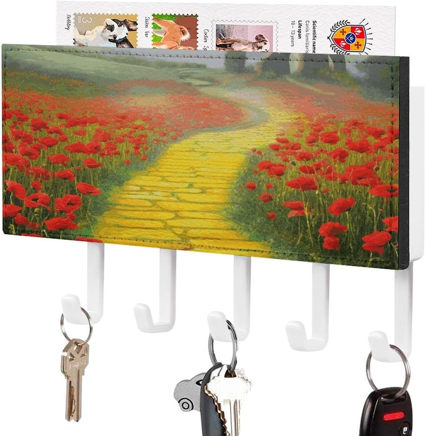 PU Leather Key Holder Wall Mount Key Organizer, Decorative Adhesive Key Rack with 5 Key Hooks, Fashion Poppies Field Brick Road Key Hanger Decor for Entryway Door Bathroom Kitchen Hallway