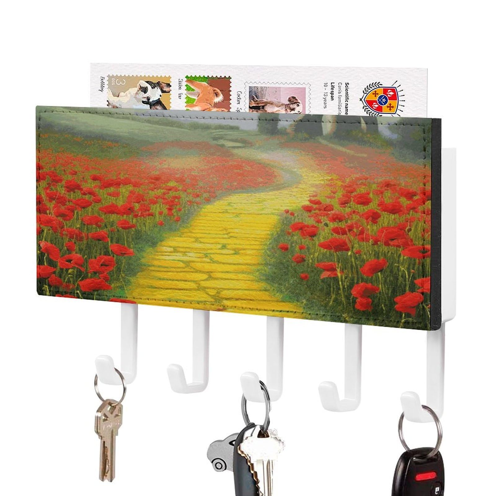 FekiLoot Poppies Field Yellow Brick Road Key Holder for Wall Decorative Mail Organizer with 5 Key Hook Self Adhesive Key Rack with Tray Coat Rack Wall Mount Key Hanger Decor for Entryway Door