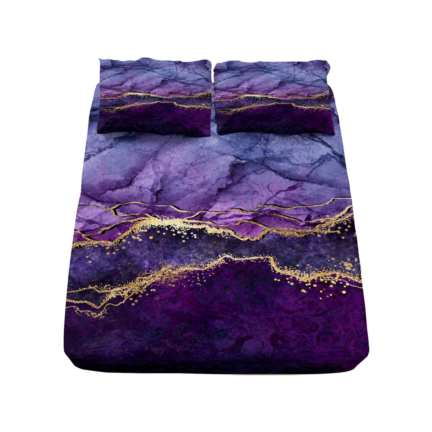 Bedding Drap Housse 160x200 cm Marbre Violet Draps-Housses Microfibre brossée Doux et Respirant Lavable en Machine pour des Matelas jusqu'à 30 cm de Hauteur