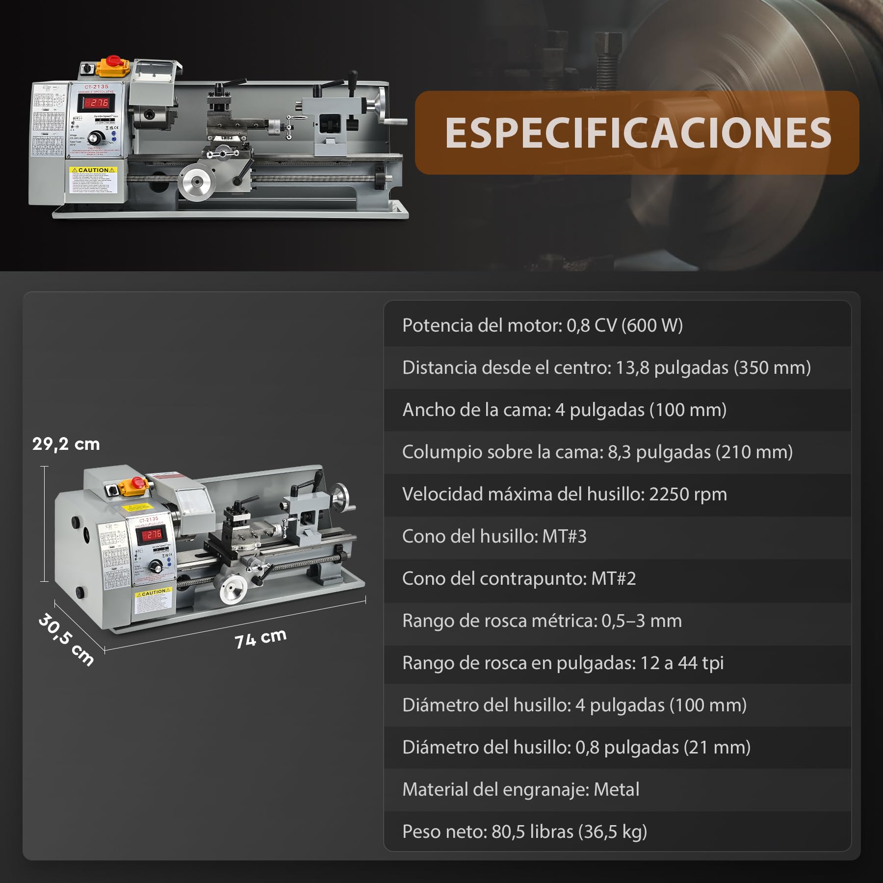 CREWORKS 600 W Mini Torno de Metal, 210x350 mm Torno para Metal de Sobremesa con Pantalla Digital, Máquina de Torno de Metal con Máx. Velocidad 2250 RPM, Torno para Metal para Roscar, Tornear