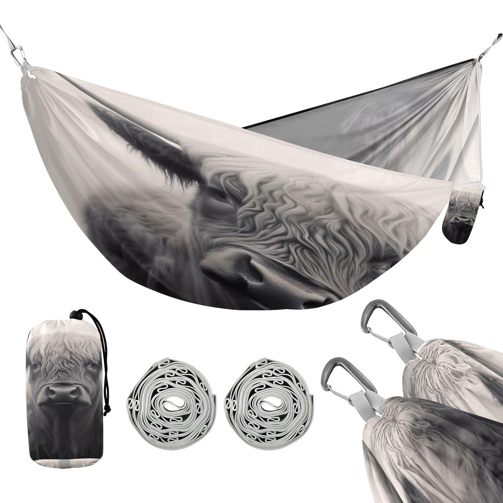 SDMKA Highland Bull Camping Hammock, 330 lbs with 2 Tree Straps, Carry Bag, Single Portable Hammock for Outdoor/Indoor, Hiking, Beach, Backpacking, Travel