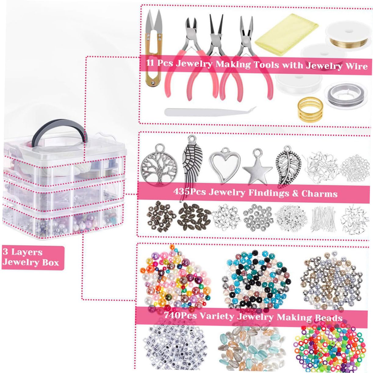 Kit de Fabrication de Bijoux Accessoires DIY 1186 Pièces 3 Couches