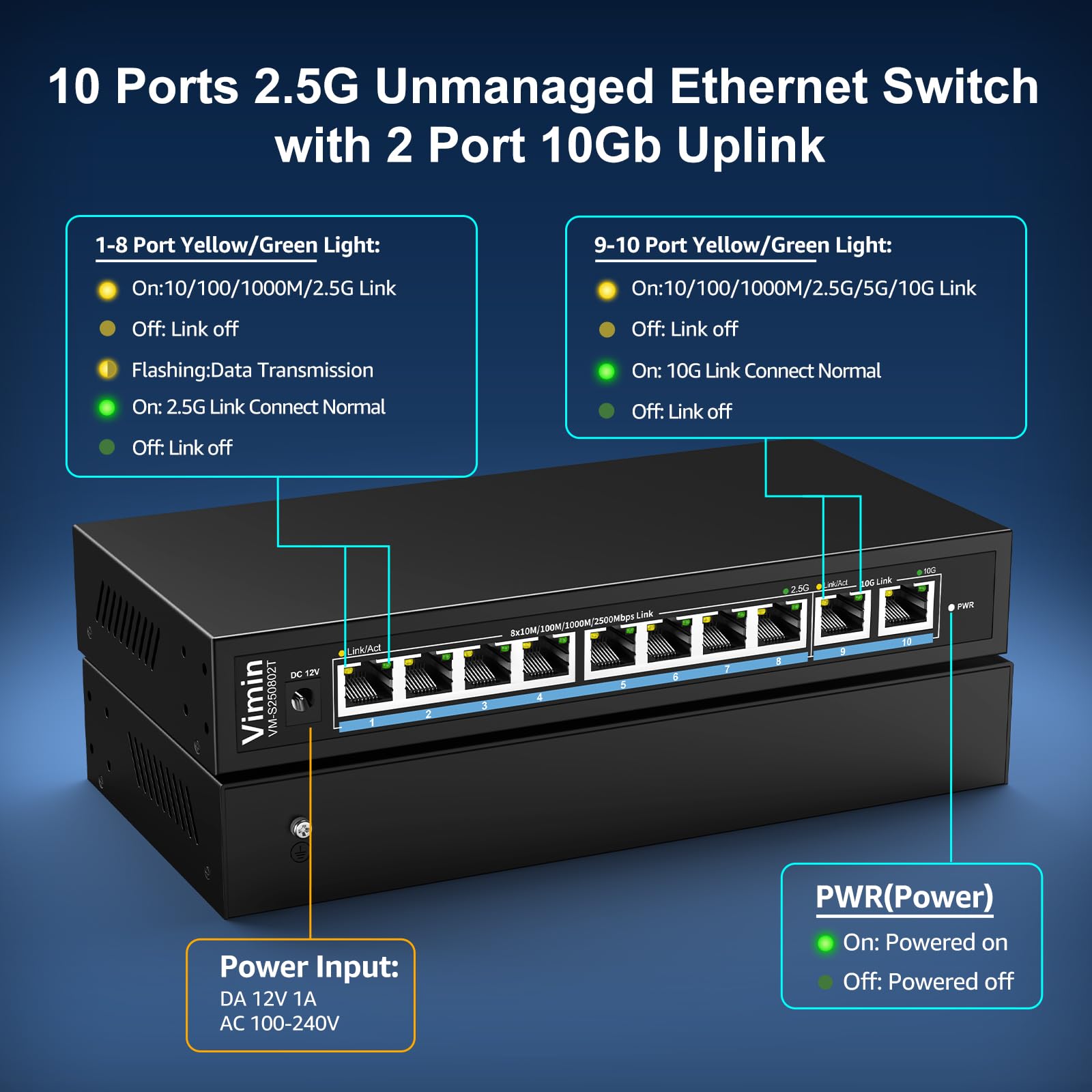 10 Port 10G/2.5G Ethernet-Switch mit Dual 10GBASE-T, Vimin 8x 2.5G + 2 x 10Gb RJ45 Ports Unmanaged Switch, 80 Gbit/s Kapazität, 10G Switch Desktop Wandmontage-Netzwerk-Switch für NAS, PC, Access Point