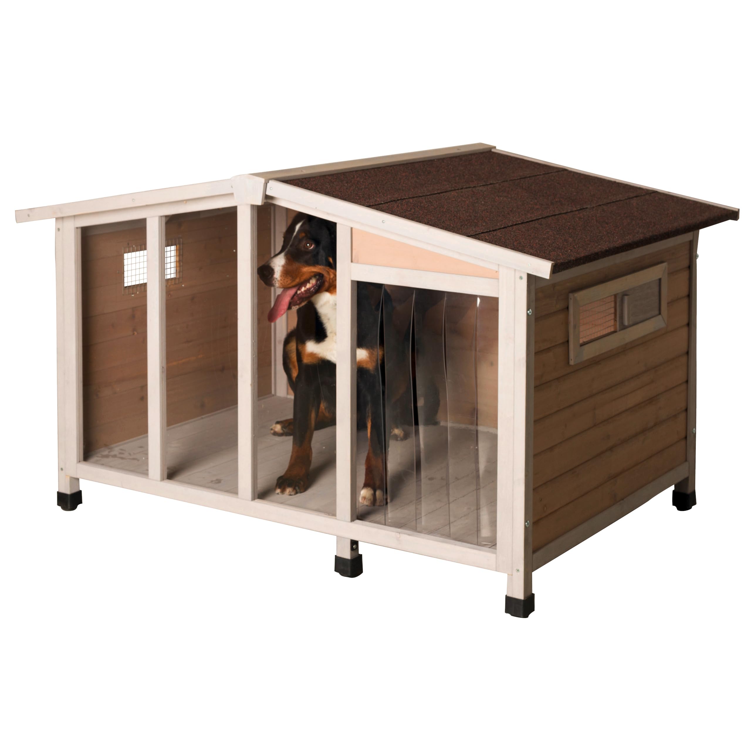 Kerbl Pet Hundehütte Overview, Hundehaus, 134x92x82cm, Holz, Kunststoff, Plexiglas, Hunde, wetterfestes Dach, 2 Schiebefenster