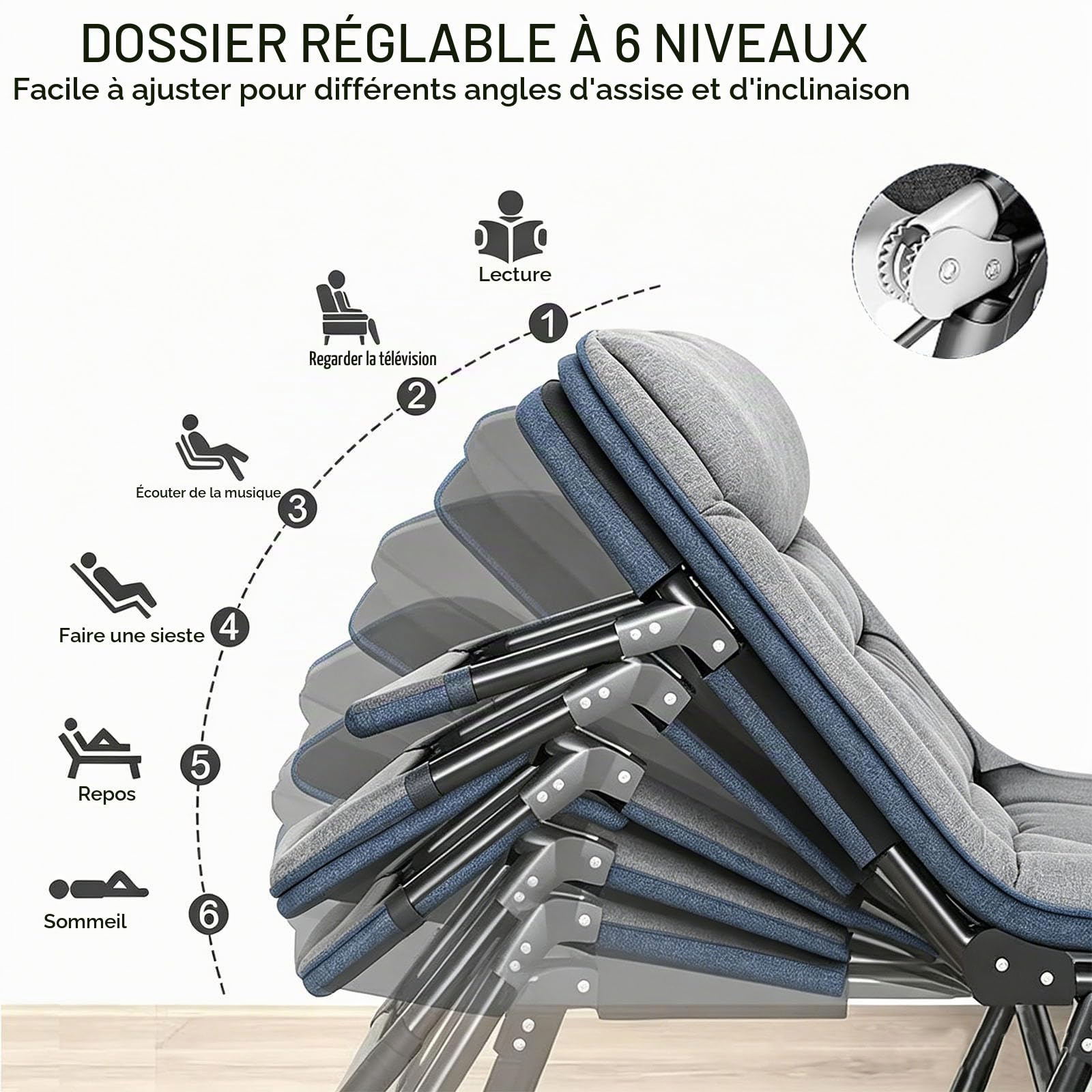 Lit de camping pliable avec matelas, réglable sur 6 niveaux, extra large jusqu'à 160 kg, chaise longue de jardin pour extérieur, camping, voyage, 190 x 65 x 30 cm (gris)
