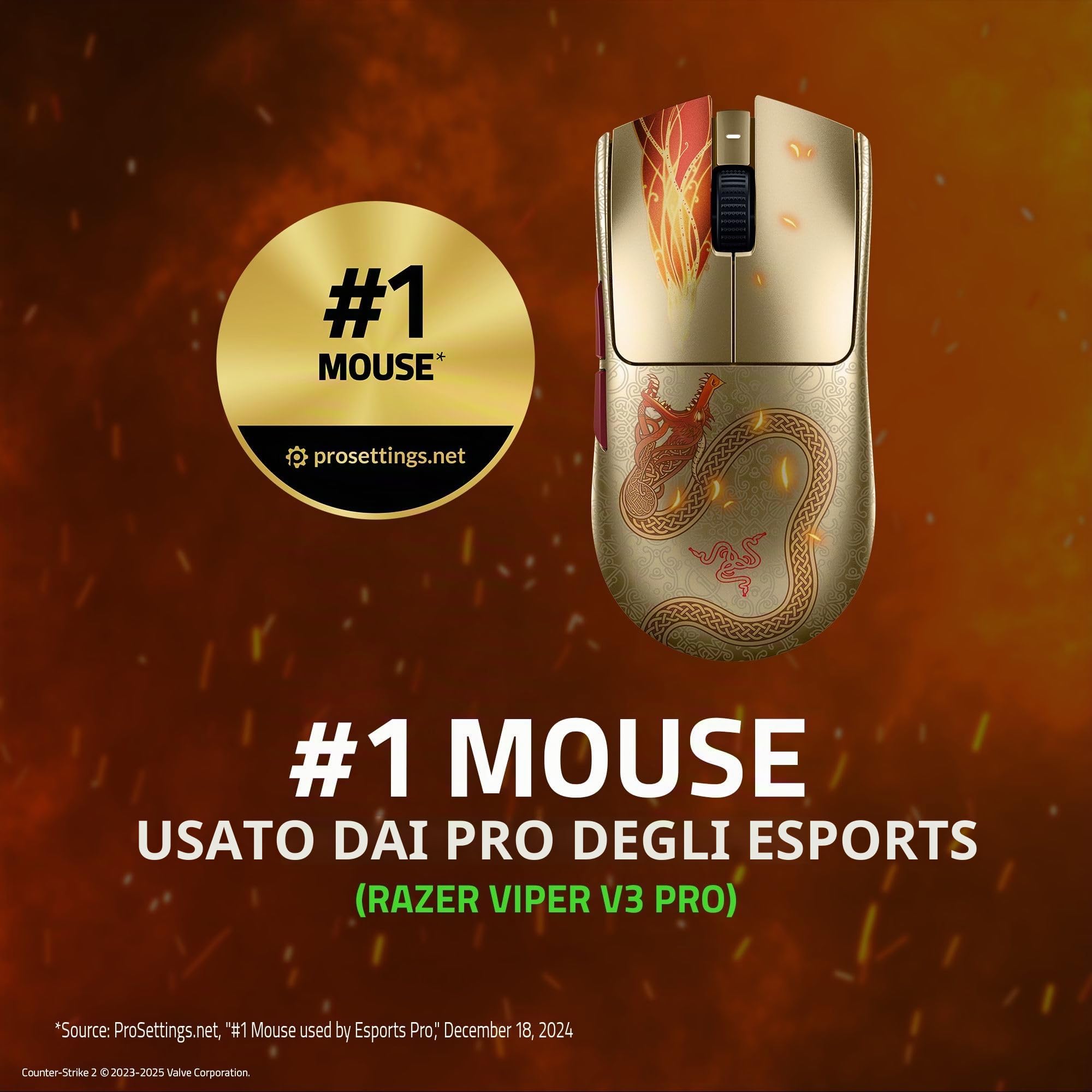 Razer Viper V3 Pro Counter-Strike 2 Dragon Lore - Mouse da gioco wireless ultraleggero per eSport - 55g - 8K HyperPolling - Sensore Pro 35K DPI - 2,4GHz HyperSpeed - 95 ore - PC/Mac | Dragon Lore