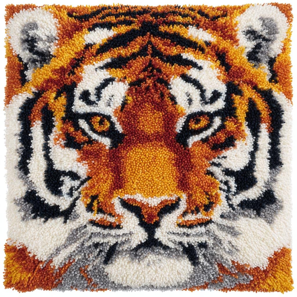 Taxpy DIY Latch Hook Kits, Animal Tiger Pillow Embroidery Carpet Set Needlework Crocheting Cushion Pillow Case Embroidery Set 43x43cm