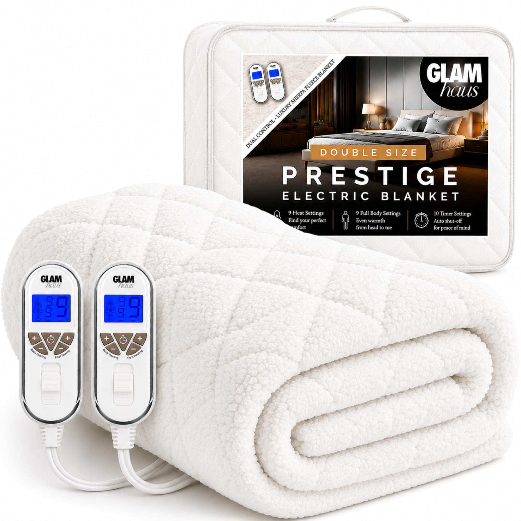 GlamHaus Electric Blanket - Luxurious Diamond-Quilted Sherpa Fleece - 9 Heat & 10 Timer Settings - Individual Body & Feet Settings - Deep Elasticated Skirt - Machine Washable (Double)