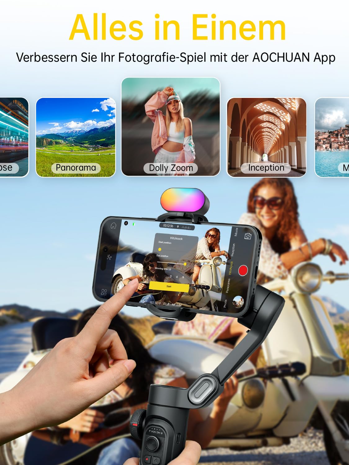 AOCHUAN 3-Achsen Gimbal Stabilisator für Smartphone mit RGB Magnetisches Fülllicht Upgraded Face Tracking Focus Wheel Faltbarer Phone Gimbal für iPhone/Androidn Stabilisator Vlog Aufnahme Smart XE Kit