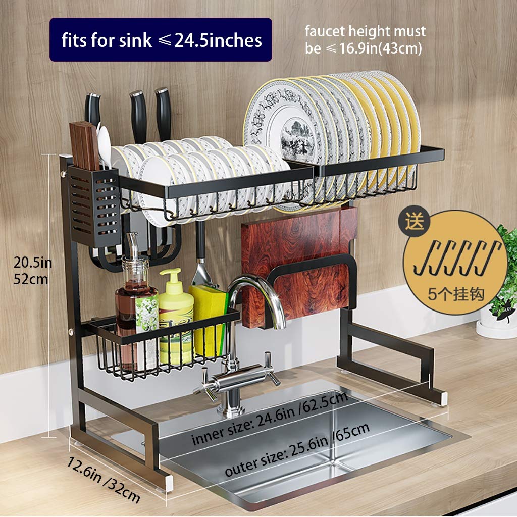 Escurridor de platos de acero inoxidable con cesta colgante sobre el fregadero y soporte para utensilios, organizador de cocina que ahorra espacio para un almacenamiento y drenaje eficientes