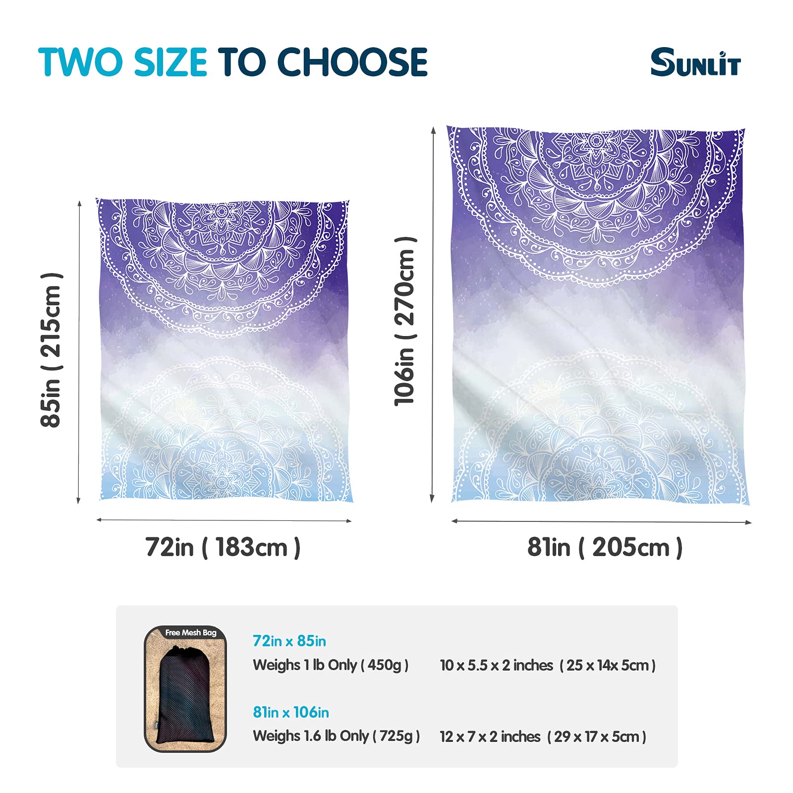 Sunlit Silky Soft 106"x81" Boho Sand Proof Beach Blanket Sand Proof Mat with Corner Pockets and Mesh Bag for Beach Party Travel - Image 2