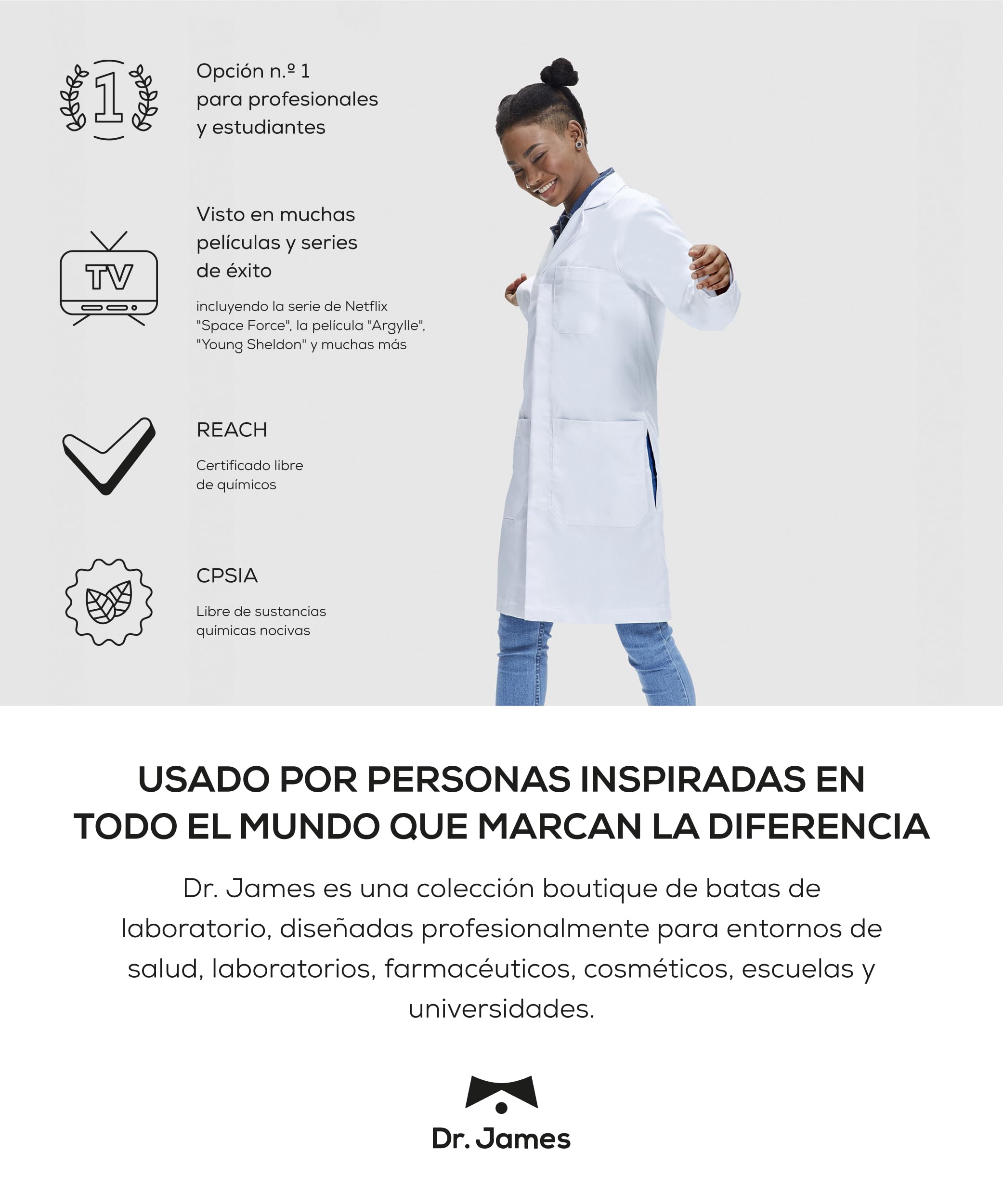 Dr. James Bata de laboratorio Premium mujeres, con bolsillos laterales, ajuste entallado, cierre a presión oculto