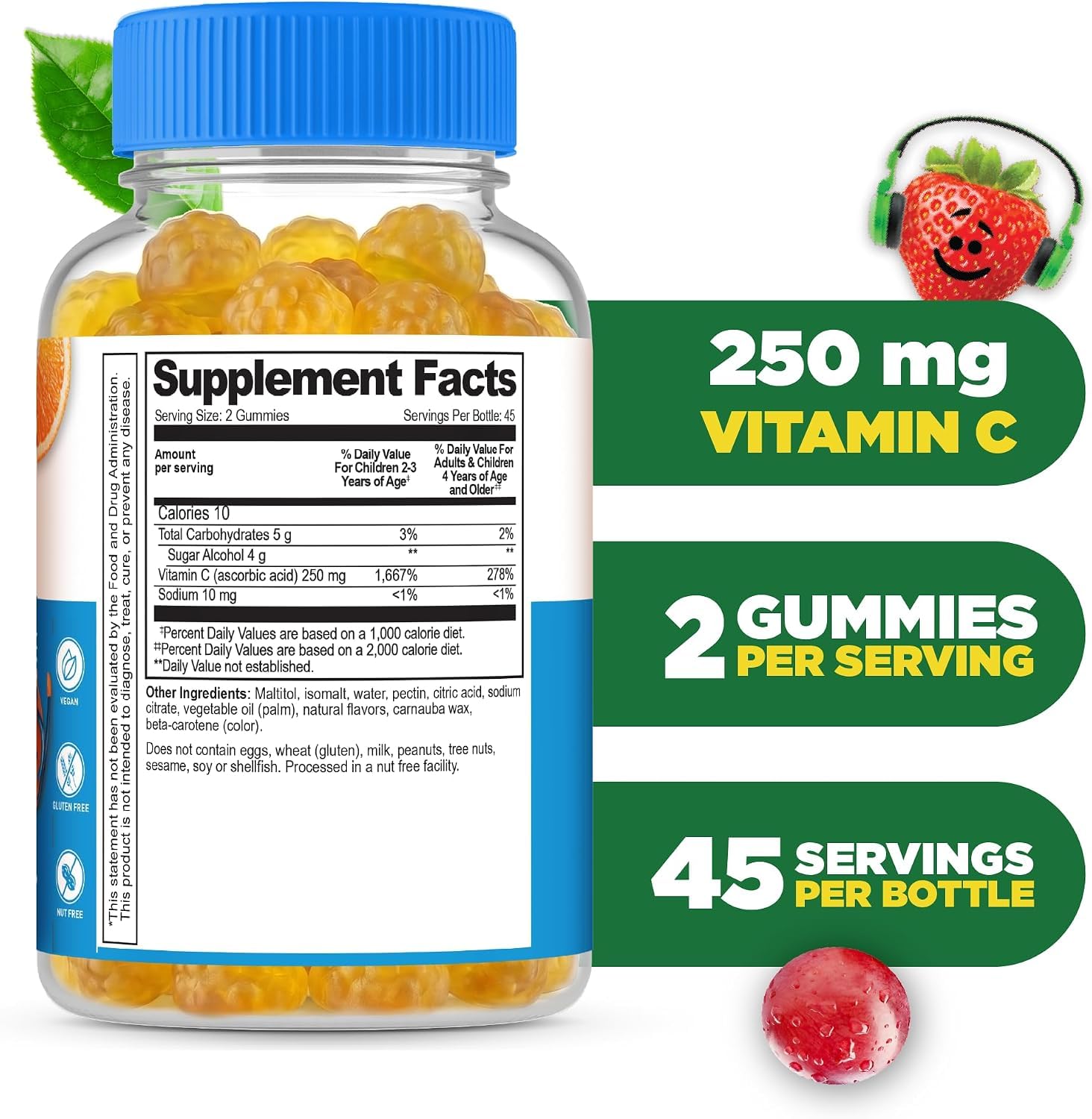 Lifeable Sugar Free Vitamin C for Kids – 250 mg – Great Tasting Natural Flavor Gummy Supplement – Vegetarian Chewable Vitamin – for Immune Support – for Children – 90 Gummies — Amazon image 2