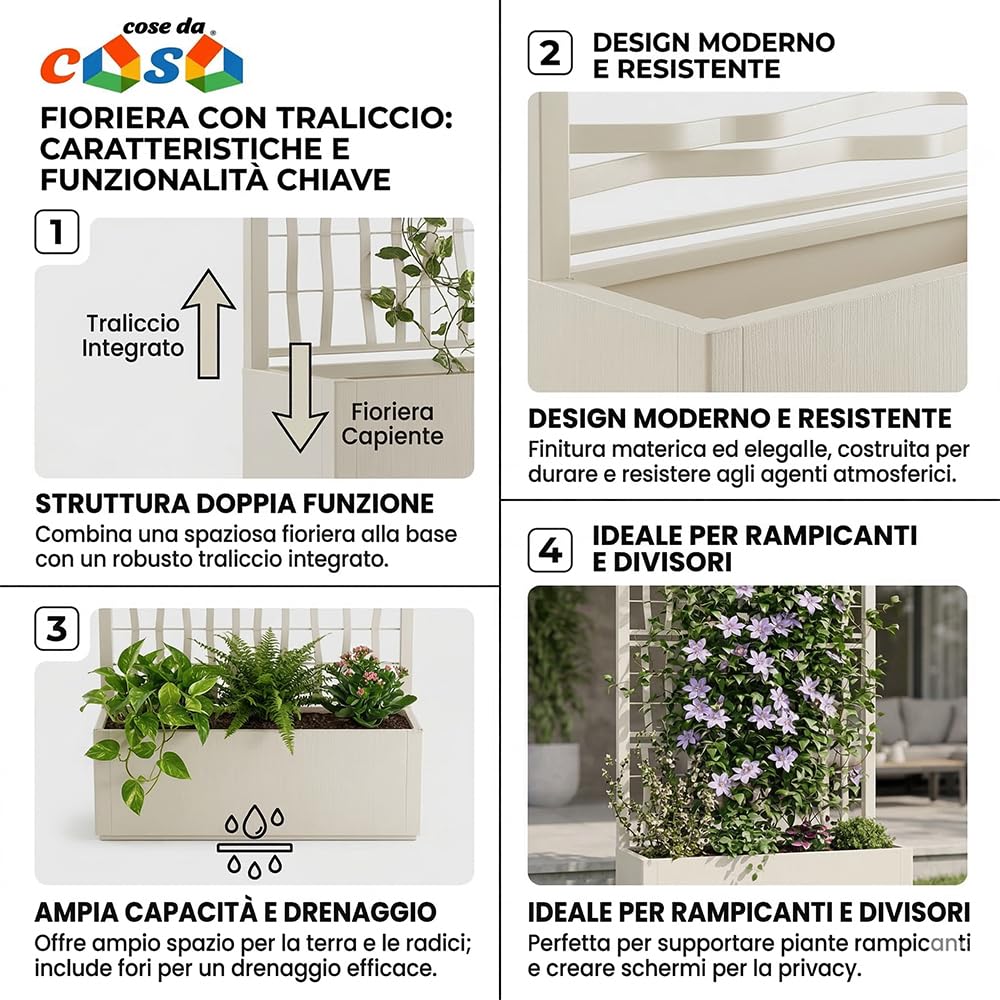 Fioriera alta cm 175 con vaso largo cm 80 Spalliera Grigliata separe' gesso graticola rampicante modulabile e componibile per Esterni Giardini Terrazze separatore ambienti locali commerciali