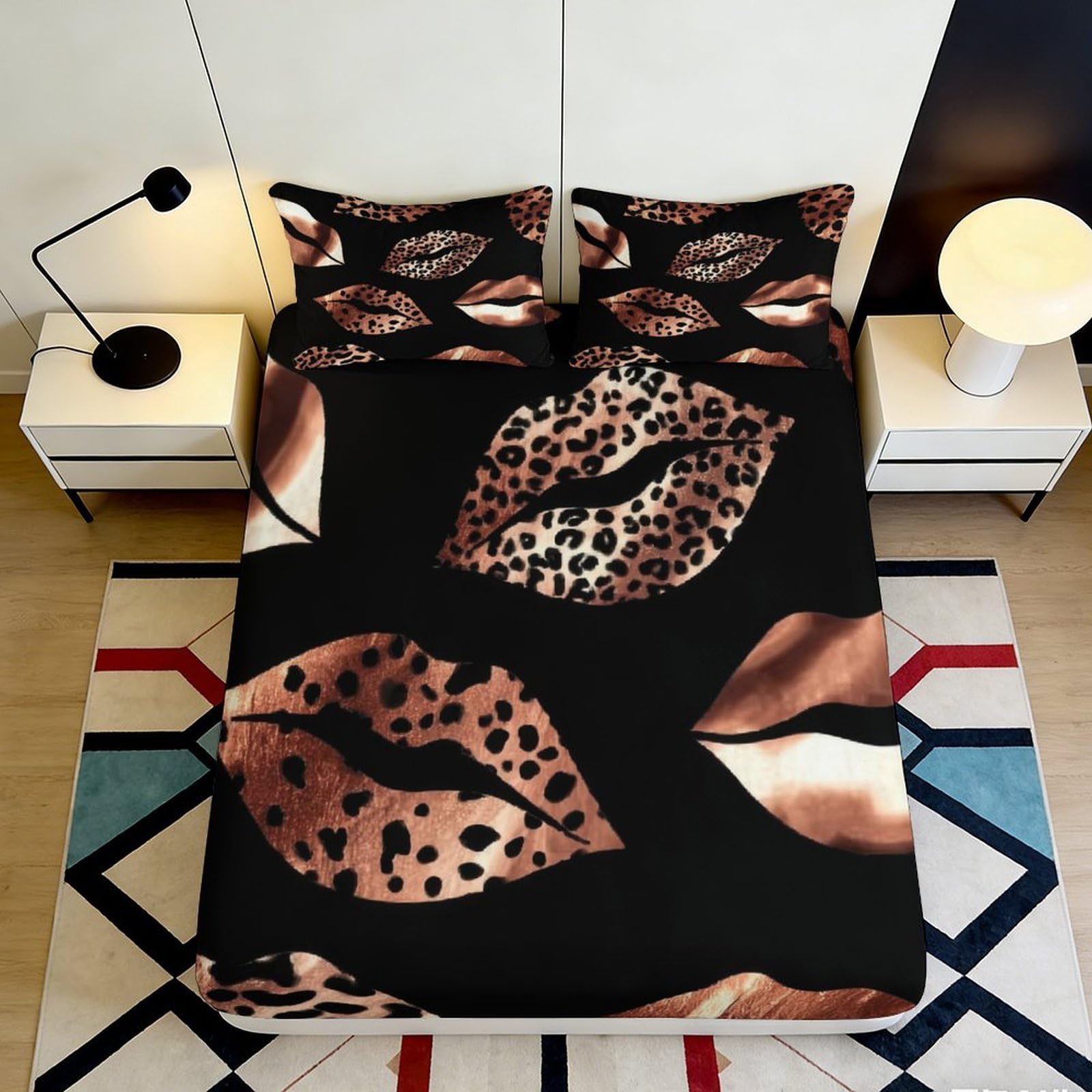 Decorative Leopard Lips Fitted Sheet, 3D Printed, Soft Touch Microfiber, Bedroom Bed Sheet, Wrinkle Resistant, Apartment Bedding, 100x200cm 90x200x25cm