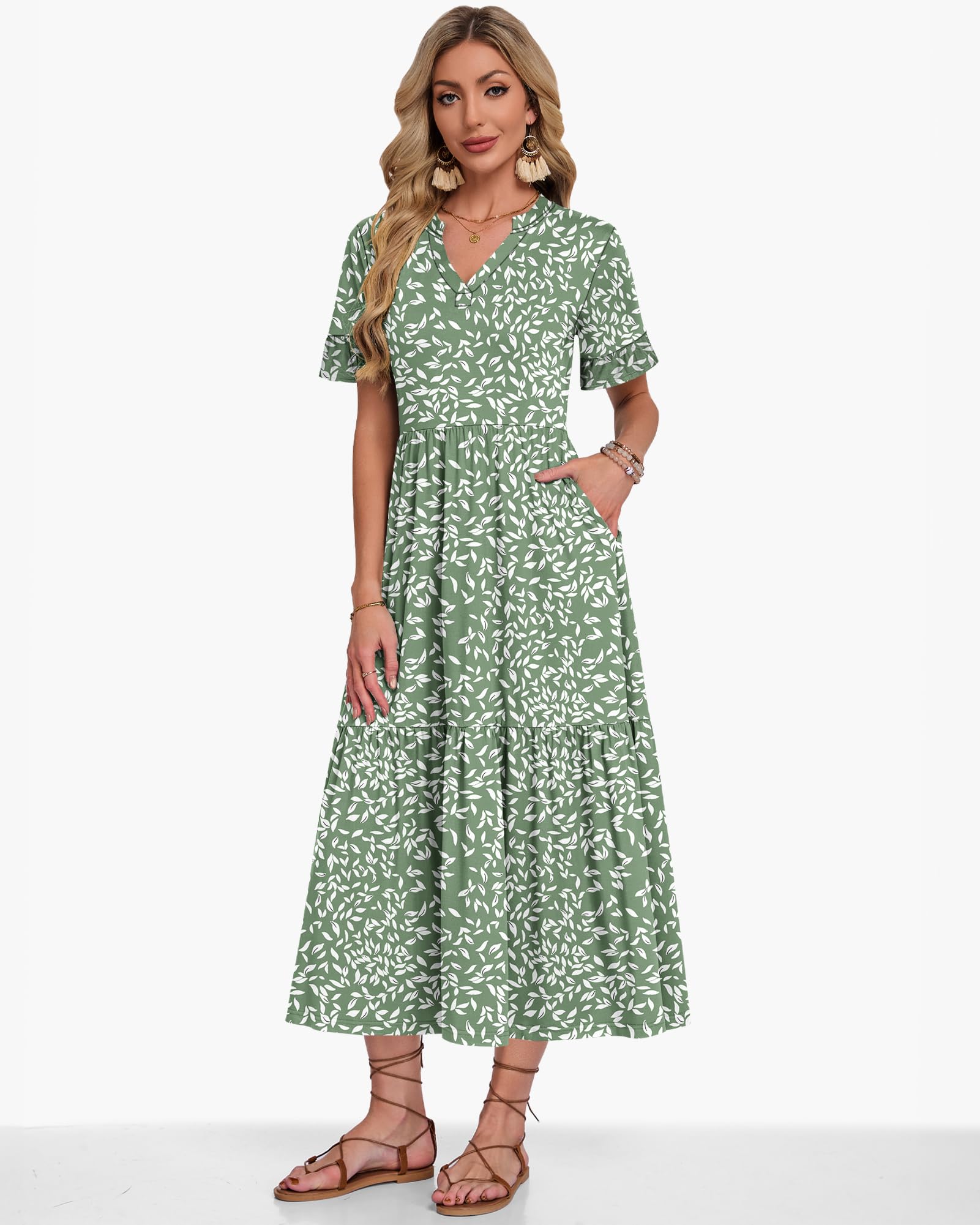 AUSELILY Vestidos Largo Verano Mujer 2026 Cuello en V Ruffles Manga Corta Vestido Playa Mujer Largo Ligero y Aireado con Bolsillos Cintura Elástica