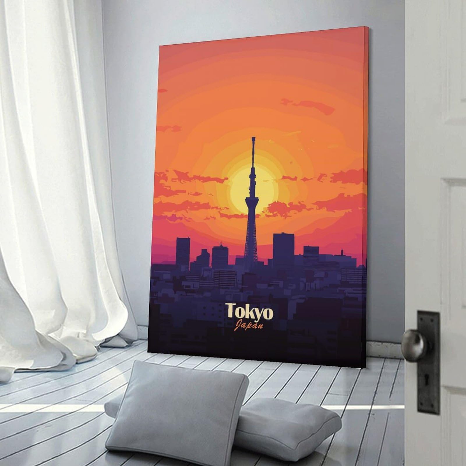 Junmoney Frame-Style-19 Tokyo Skyline Sunset Canvas Wall Decor, 24X36inch(60X90cm), For Wall Displays, Bedrooms Or Room Updates, Wall Decor Suited To Curated Displays