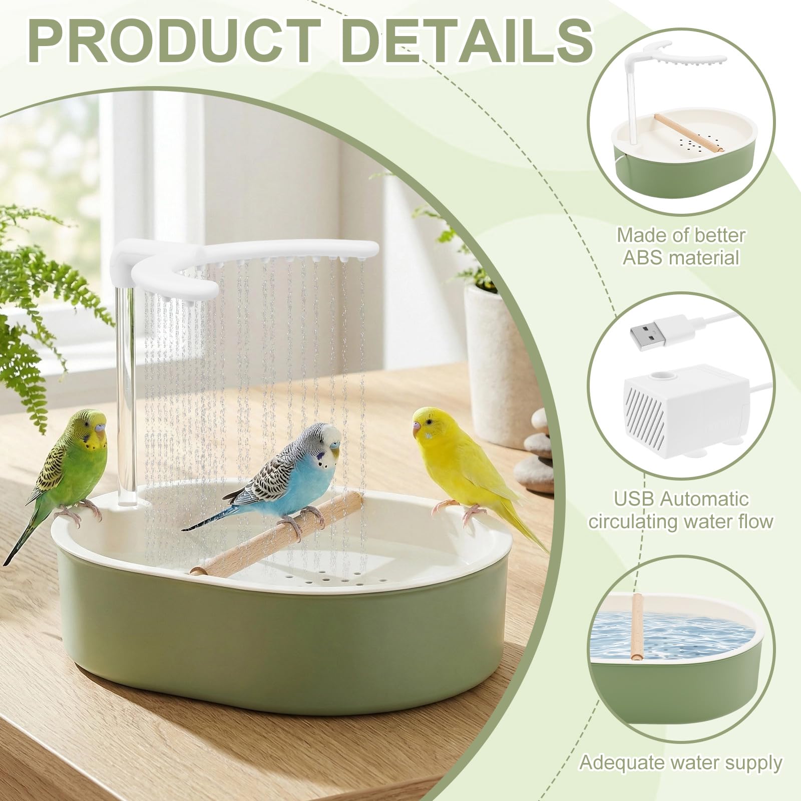 Automatische Vogelbadewanne mit USB-Wasserzirkulation | Robuste Vogeldusche & Papageienbad. Ideal für Wellensittiche, Nymphensittiche und Agaporniden. Fließendes Wasser per USB.