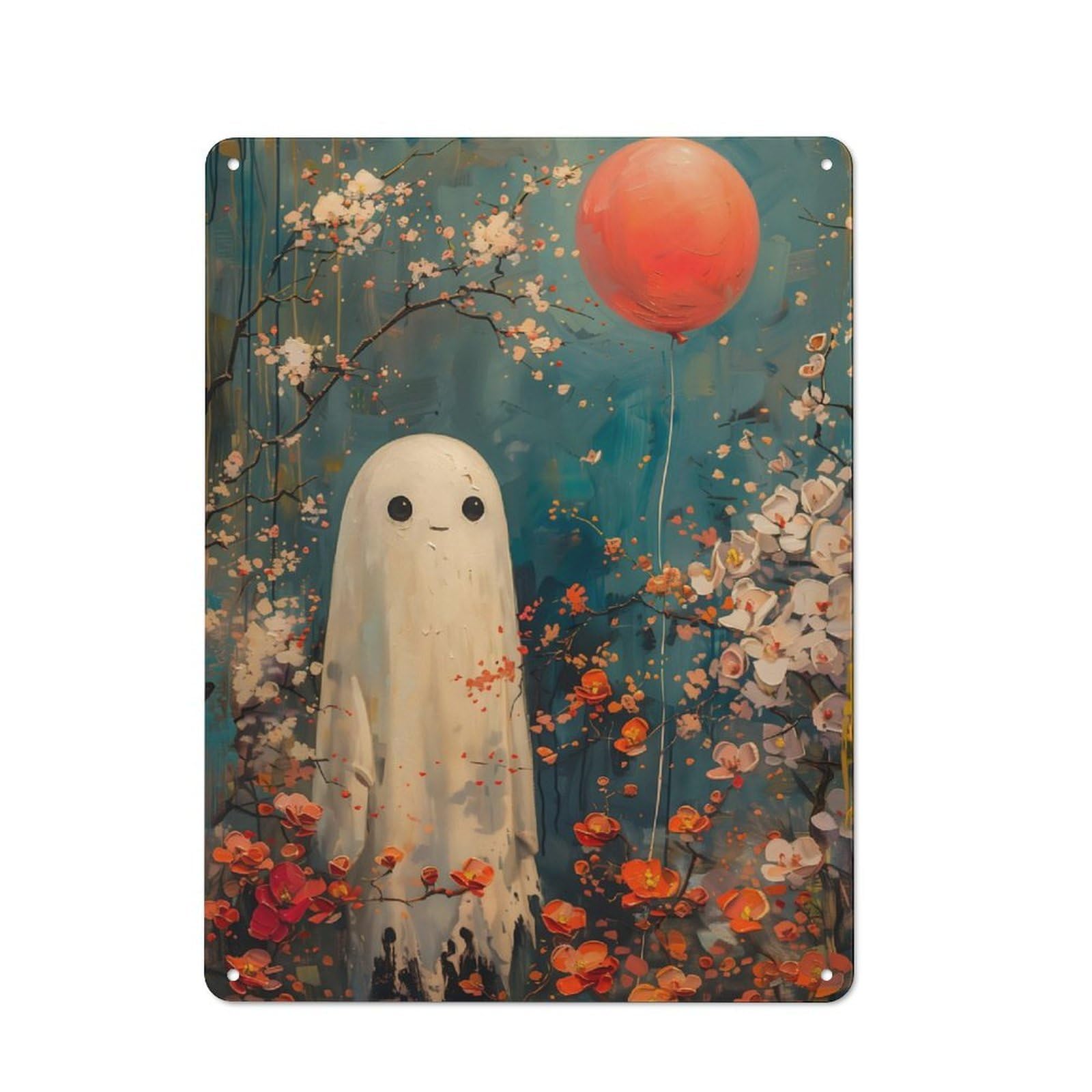 Junmoney Boho Ghost With Balloon Metal Wall Sign 40X30cm, Rustic Decor For Hallway Wall, For Metal Sign Collectors, For Garage And Workshop Walls