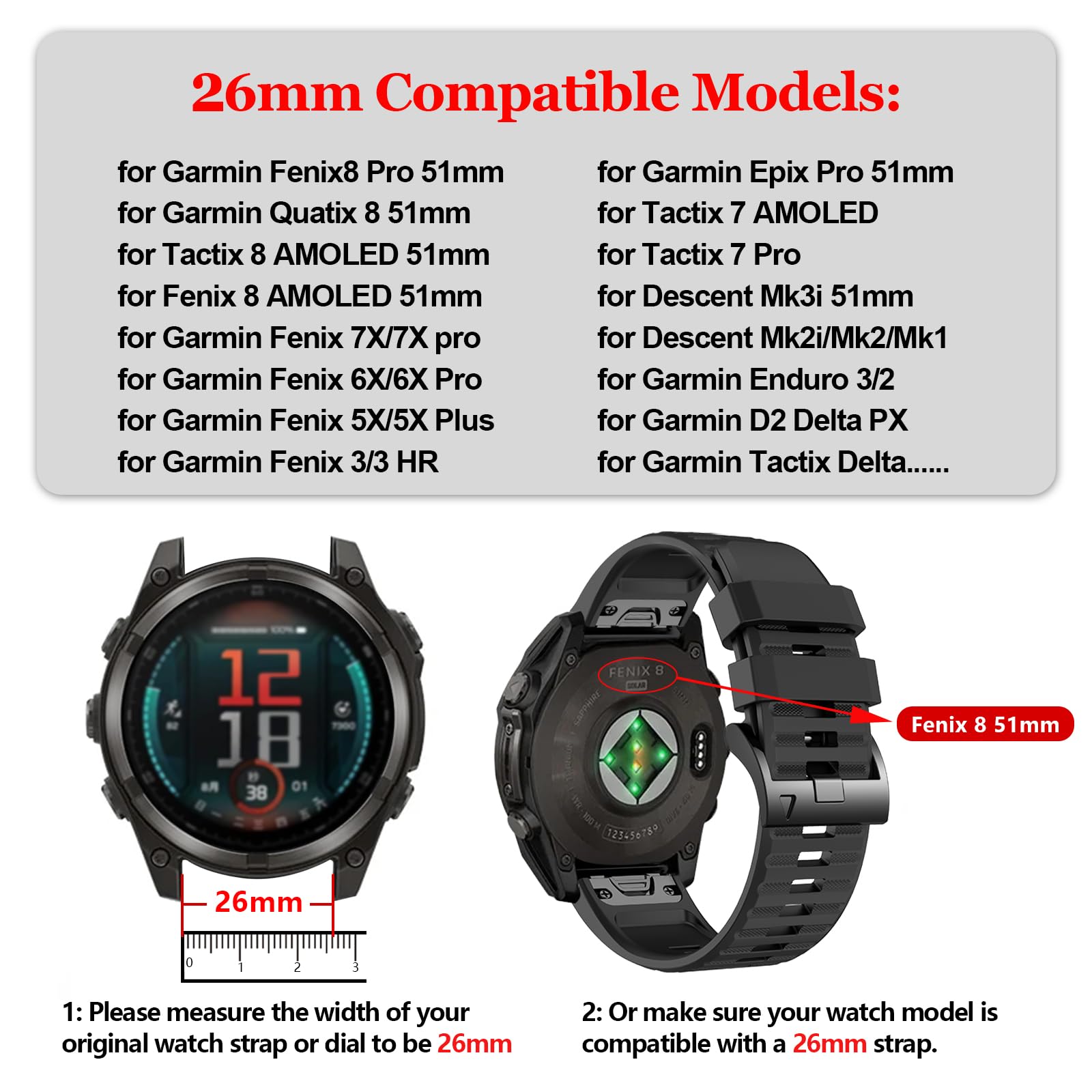 Cinturino in silicone Quickfit compatibile con Garmin Fenix 8 51 mm/Fenix 7X/7X pro/6X/6X pro/5X/5X plus/3/3 HR,26 mm Sport Cinturino di ricambio per Descent Mk2i/Mk3i/Tactix 8 AMOLED 51 mm