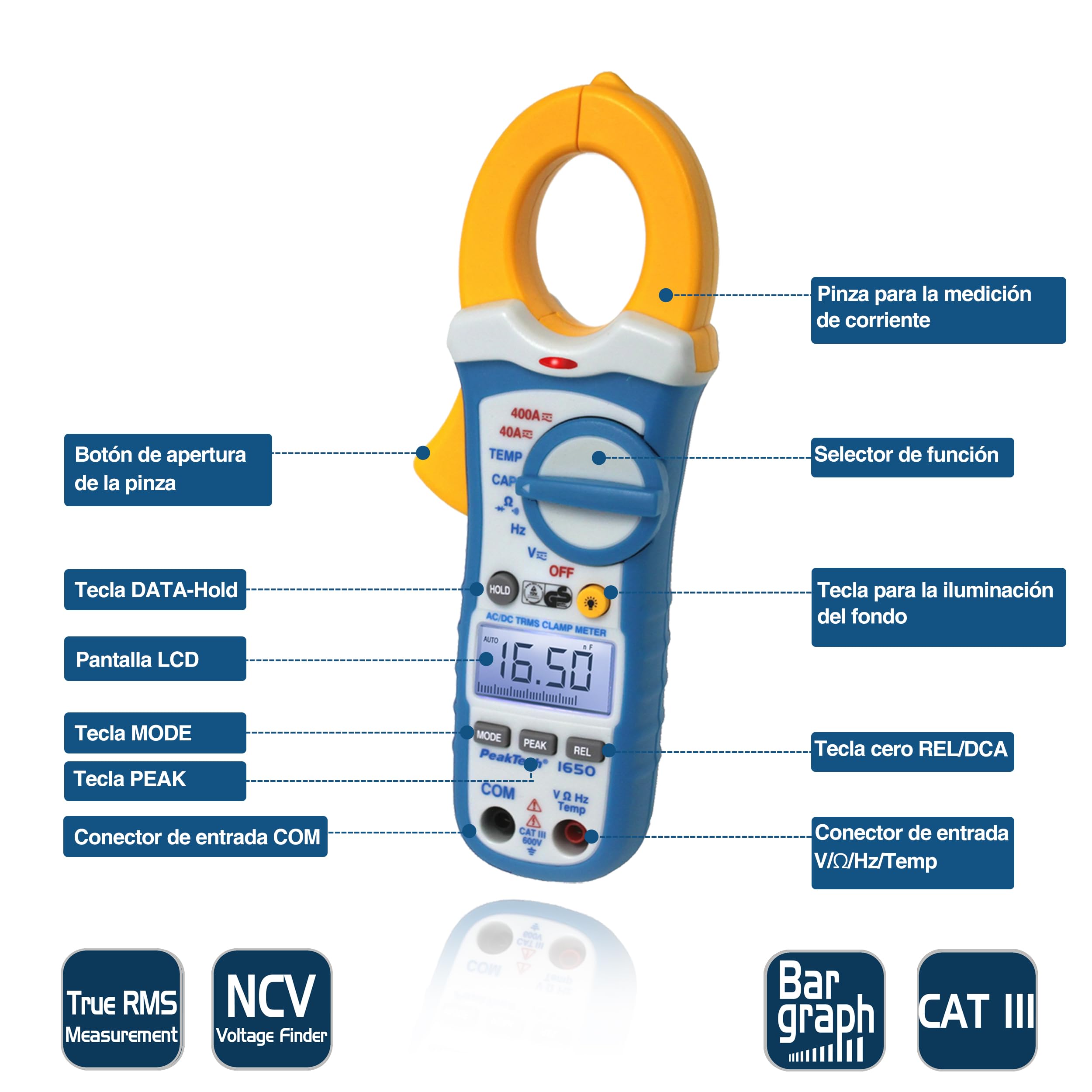 PeakTech 1650 – Pinza amperimétrica RMS 400A AC/DC, multímetro digital, TUV/GS, pinza de corriente 4000 cuentas, voltímetro sin contacto, medición de corriente, probador de continuidad - Máx 600 V