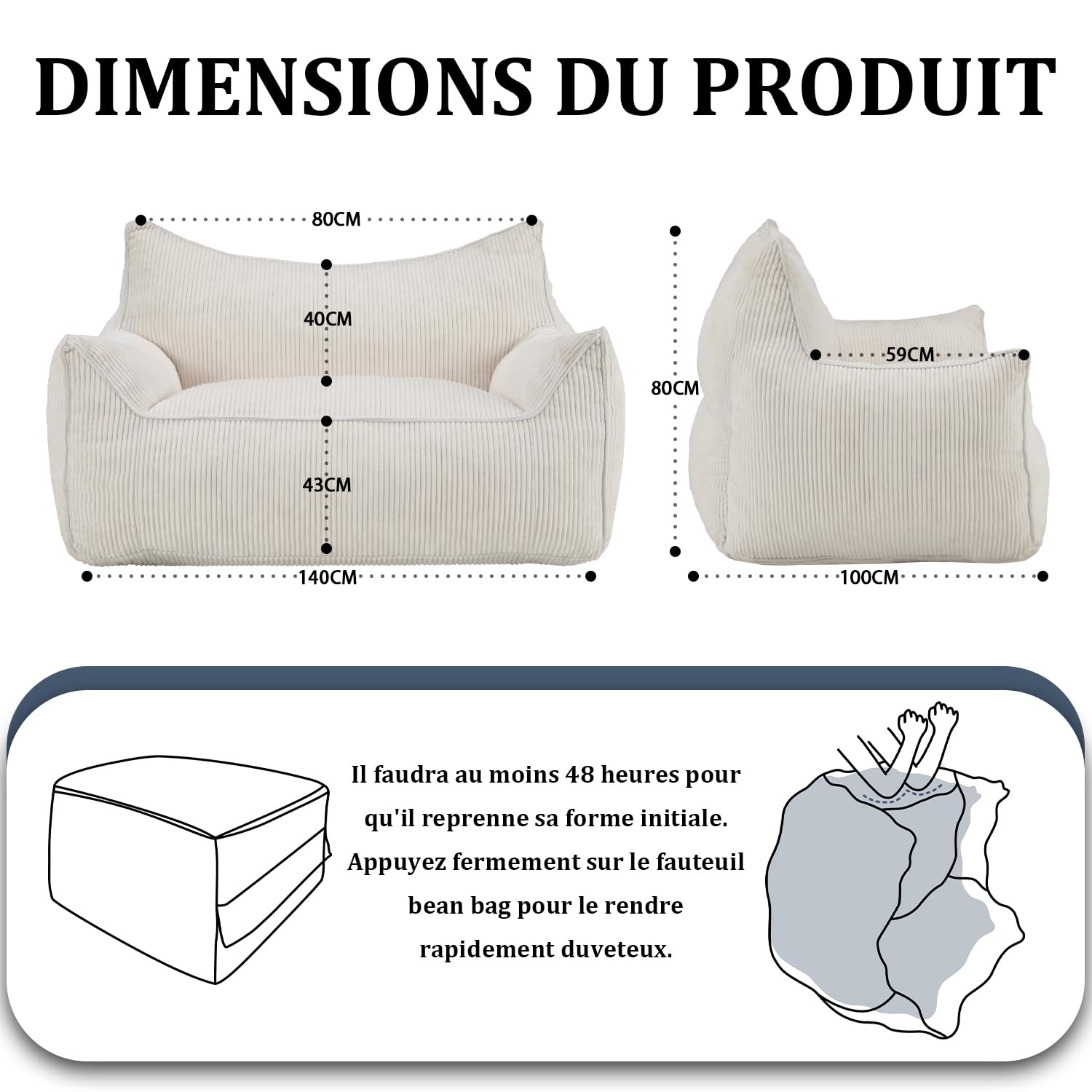 Pouf en Velours côtelé avec Dossier, Pouf pour Adulte avec Rembourrage, Grand Pouf en Fourrure synthétique, Fauteuil Confortable avec Mousse Haute densité, Chambre, Salon, Beige