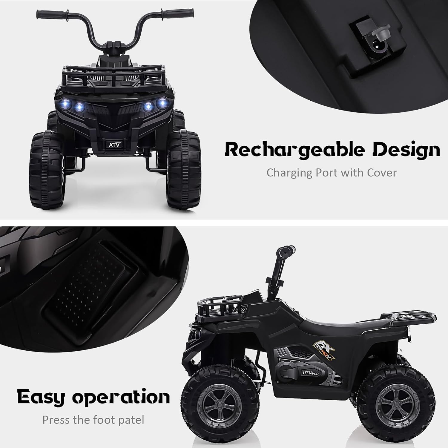 Elektryczny samochód dla dzieci Quad 12 V, elektryczny samochód dla dzieci, 2 prędkości, 4 koła, LED, muzyka, 2-5 lat, czarny