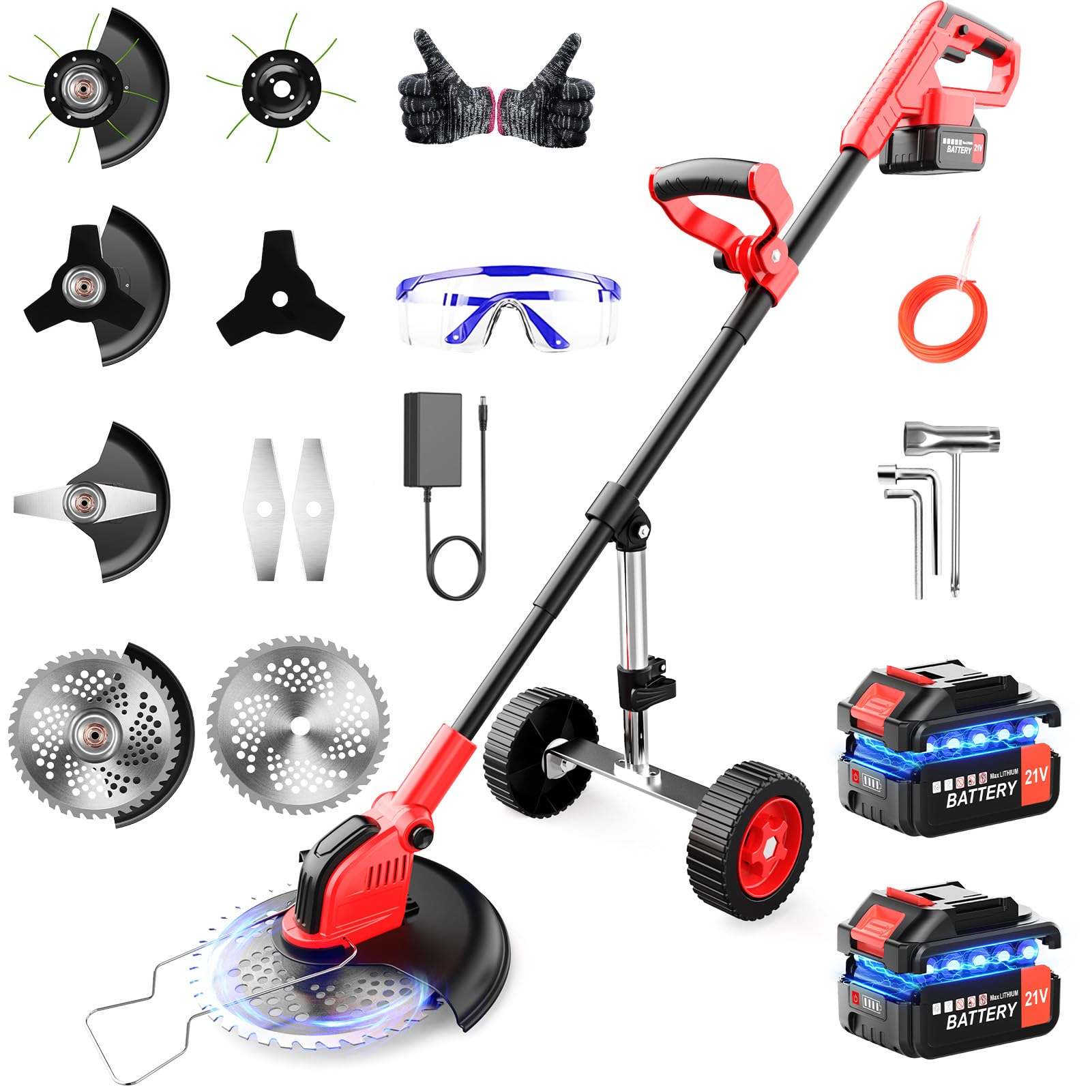 Cordless Strimmer with 2x3.0Ah Batteries, 800W Grass Trimmer and Cordless Brush Cutter with Upgrded Wheels, 20000RPM Electric Weed Trimmer with Metal Blades, Lightweight Brushless Strimmer