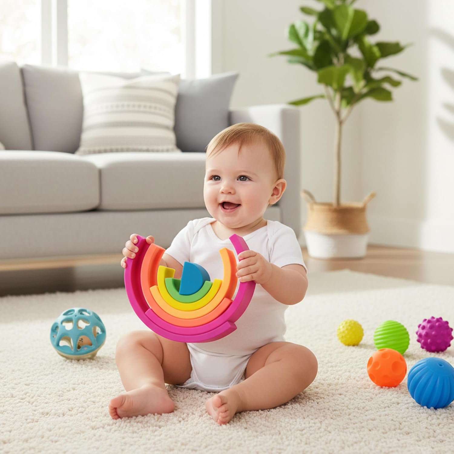 Sensory Toys for Babies Bundle - Textured Baby Balls & Wheat Straw Rattle + Silicone Rainbow Stacker, Montessori Nesting Blocks Soft Building Toys (7CPS), Baby 6-12 Months, Toddler Toys 1-3