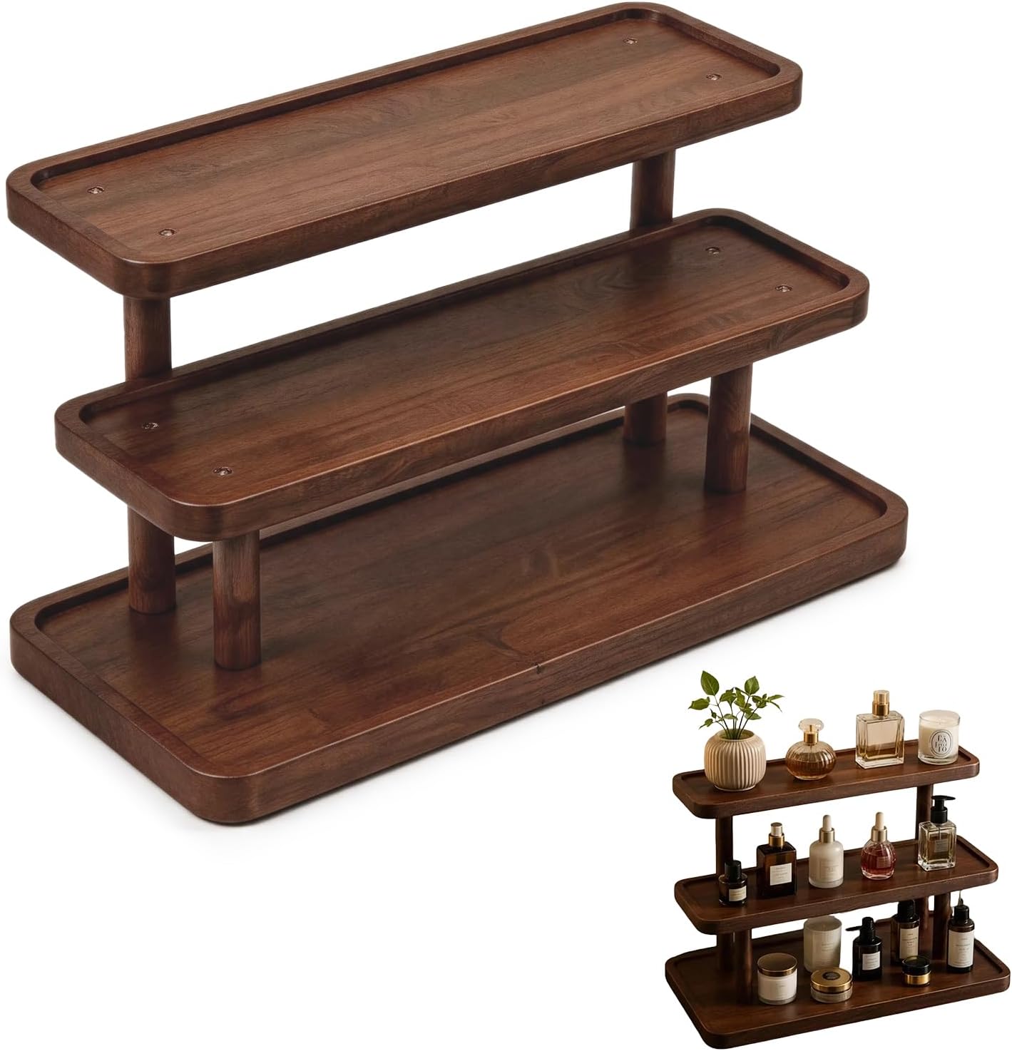 3-Tier Wooden Makeup Organizer, Perfume Stand Organizer with Raised Edge Tray, Multi Layer Wooden Display Storage Stand for Vanity Table Home Decor