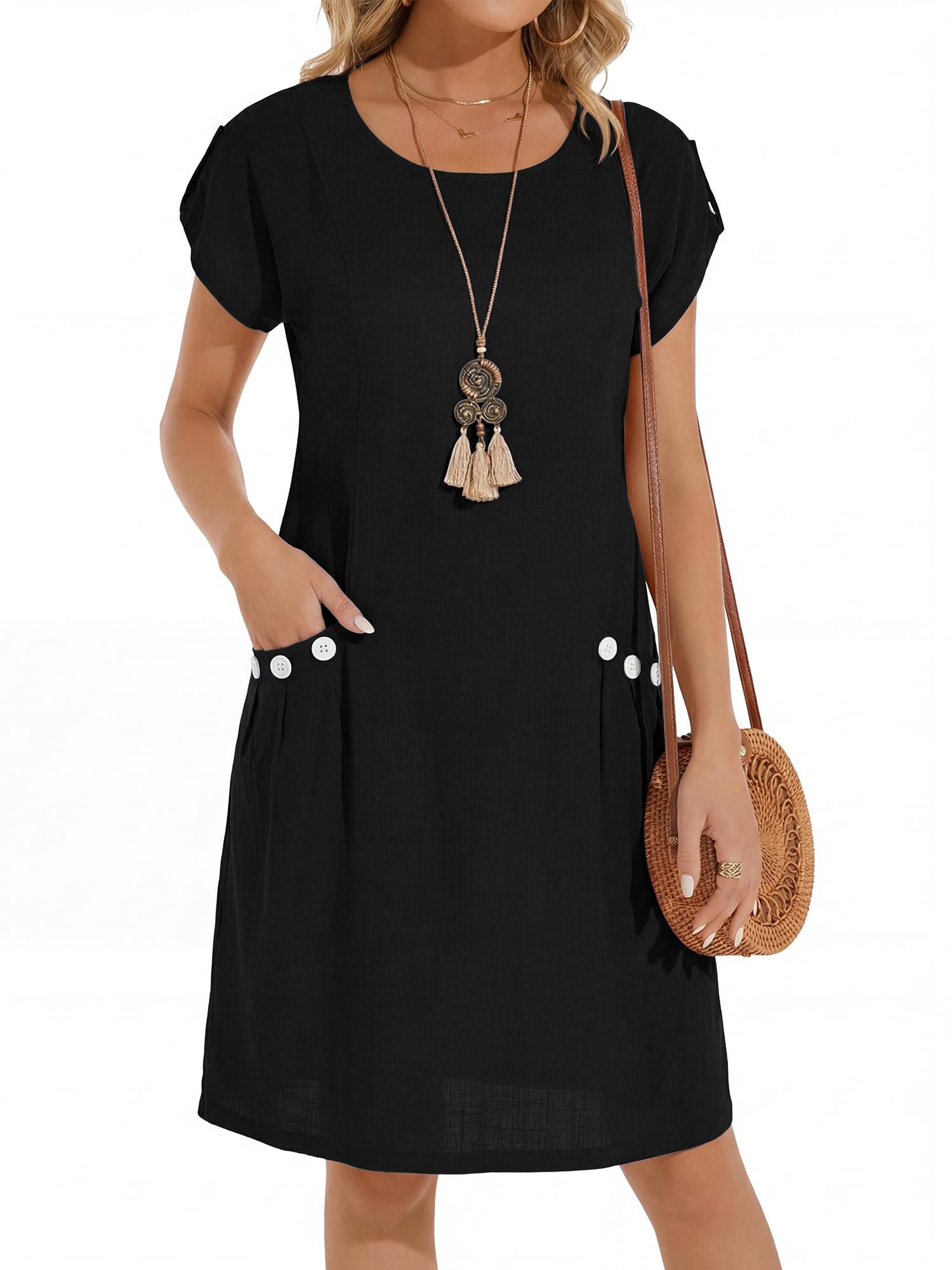 YYIDATON Sommerkleid Damen Leinen Rundhals Knielang Freizeitkleid A-Line Kurzarm Classics Midi Strand Kleider
