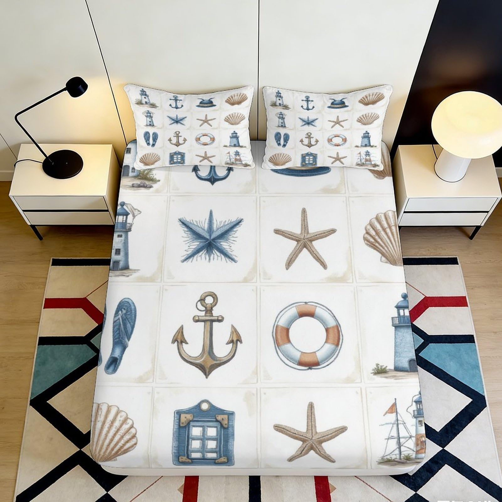 3D Printed Nautical Lighthouse Fitted Sheet Microfiber Soft Breathable Sea Shells Mattress Cover for Bedroom Guest Room Decor 120x200x25cm