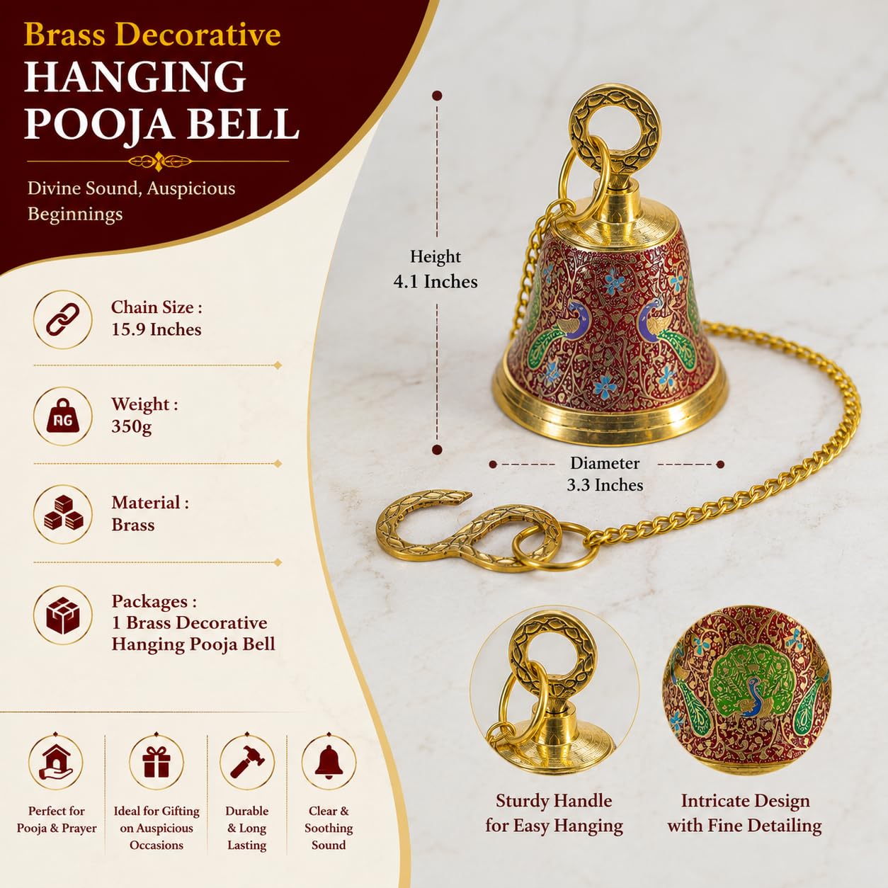 CraftVatika Brass Wall Hanging Bell Ghanti for Pooja Decoration Mandir Home Temple, Pooja Decorative Items, Ghanti Bell with Deep Sound, Puja Bell with Chain and Hook (20 Inch Height) 1
