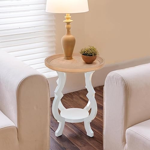 Miniatura 3 de Mesa auxiliar de granja, mesa auxiliar redonda de madera, mesa decorativa de 2 niveles para la familia, sala de estar o espacios pequeños, patas