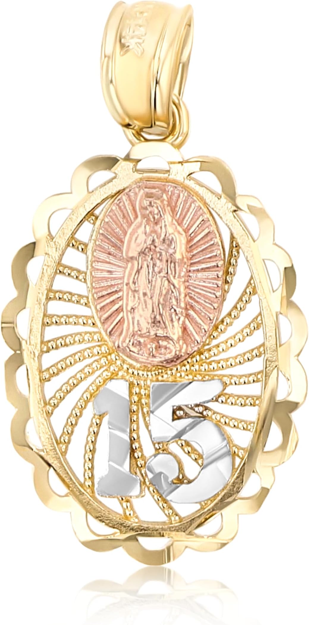 14K Tri Color Gold Sweet 15 Years Bday Quinceanera Virgin Mary Round Charm Tiny Size Pendant For Necklace or Chain