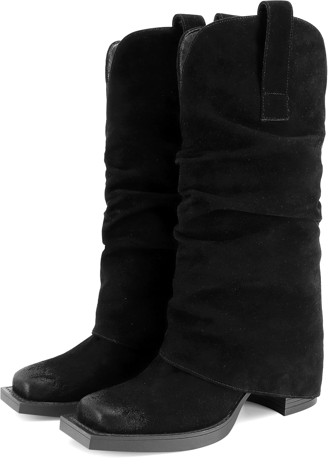Suede Fold over Boots Square Toe Chunky Block Heel Mid Calf Boots Pull on Cowboy Cowgirl Western Slouchy Ankle Booties