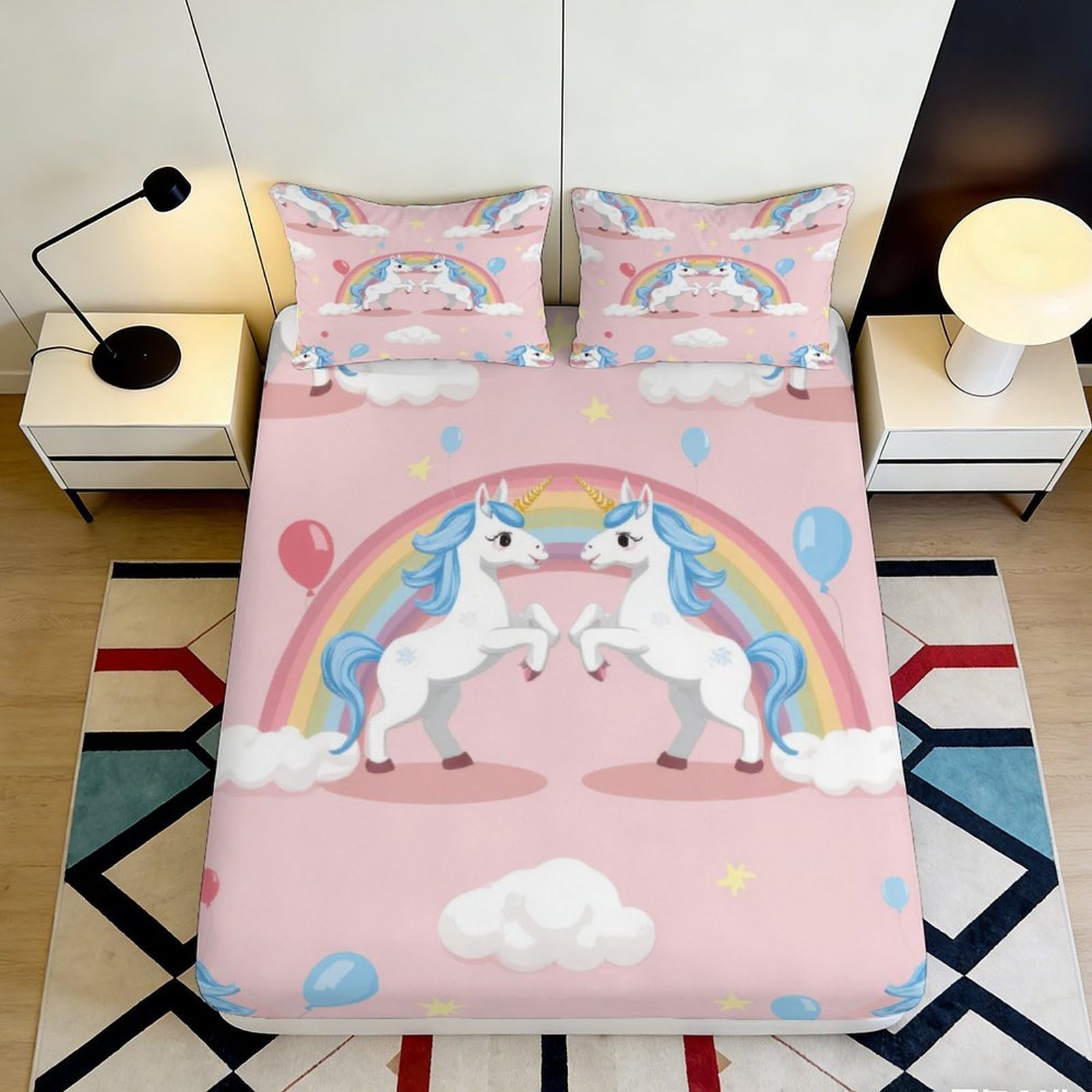 Pnayamiorkfel Style-7 3D Printed Cartoon Unicorn Rainbow Fitted Sheet Microfiber Pink Bed Cover For Bedroom Guestroom Dorm Mattress Protection 90X200x25cm