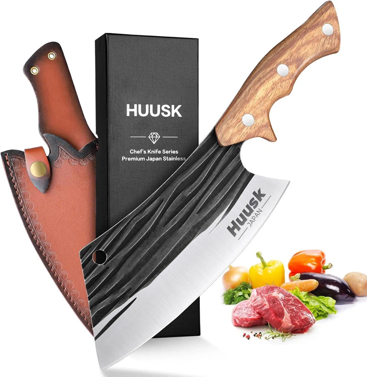 Huusk Butcher Knives for Meat Cutting, Hand Forged Meat Cleaver Knife Full Tang Kitchen Knife High Carbon Steel Chef Knives Heavy Duty Butcher Knife for Camping, BBQ Christmas Gifts Idea