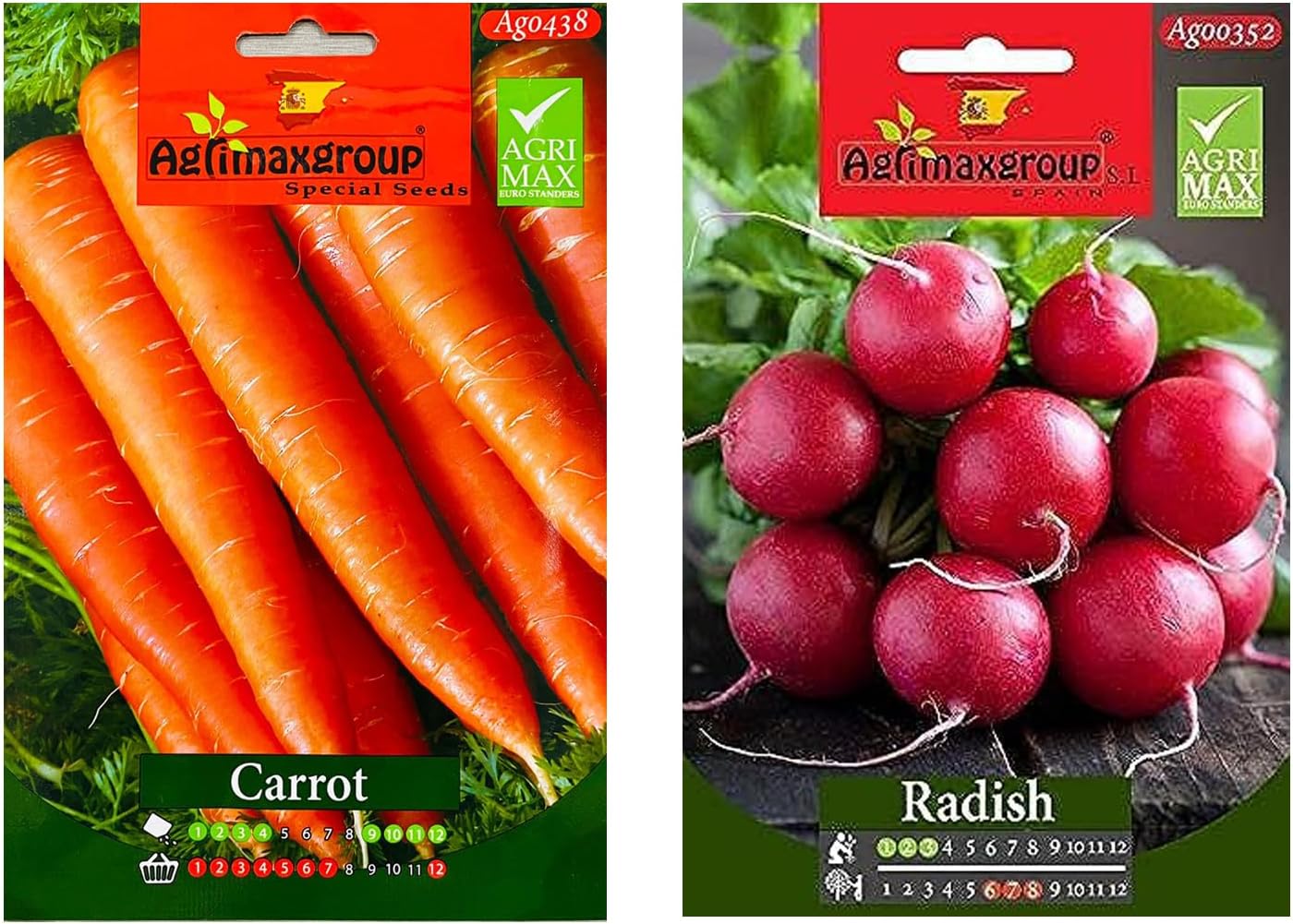 Red Radish + Carrot | Premium Quality by Agrimaxgroup Seeds Hybrid,Organic Non GMO Vegetable Seeds for Home and Garden Plants,Easy to Plant,| Made in SPAIN| 5g x 2pc