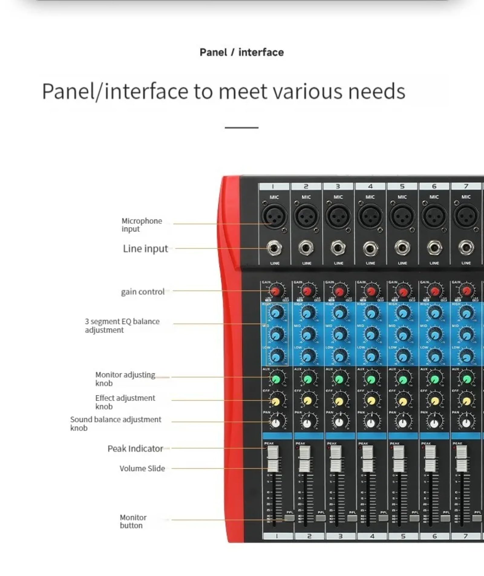 M6, console de mixage professionnelle, audio, DJ, console à barre de son avec USB/MP3/Bluetooth, scène, en direct, table de mixage intégrée, effet numérique, musique, mixeur, 7 canaux, + 48 V