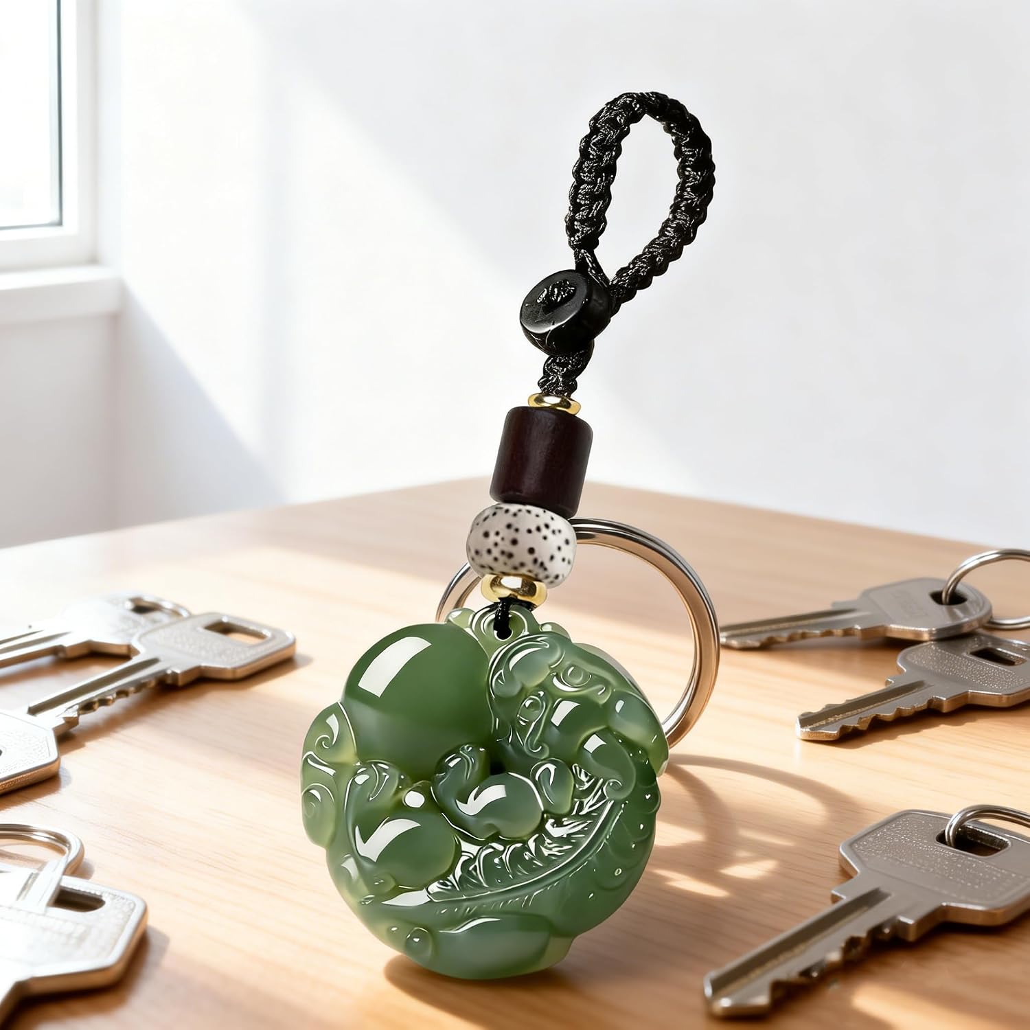 Angyape FengShui Wealth And Luck Keychain, Pixiu Double-sided Carve Jade Protection Lucky Amulet Gifts Accessories