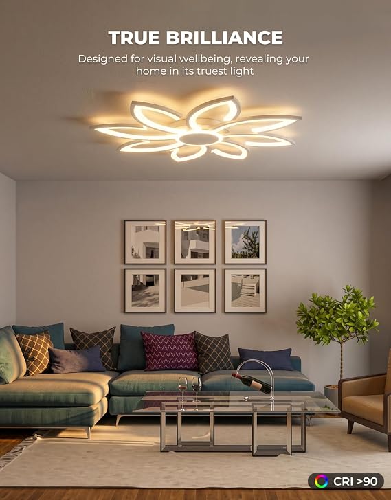 Led Ceiling Light with Remote Control, 31.5 Chandeliers Ceiling Light Dimmable for Living Room, 98W, 8000LM, Ceiling Lighting Fittings Flower Shape Design for Lounge, White [Energy Class E]