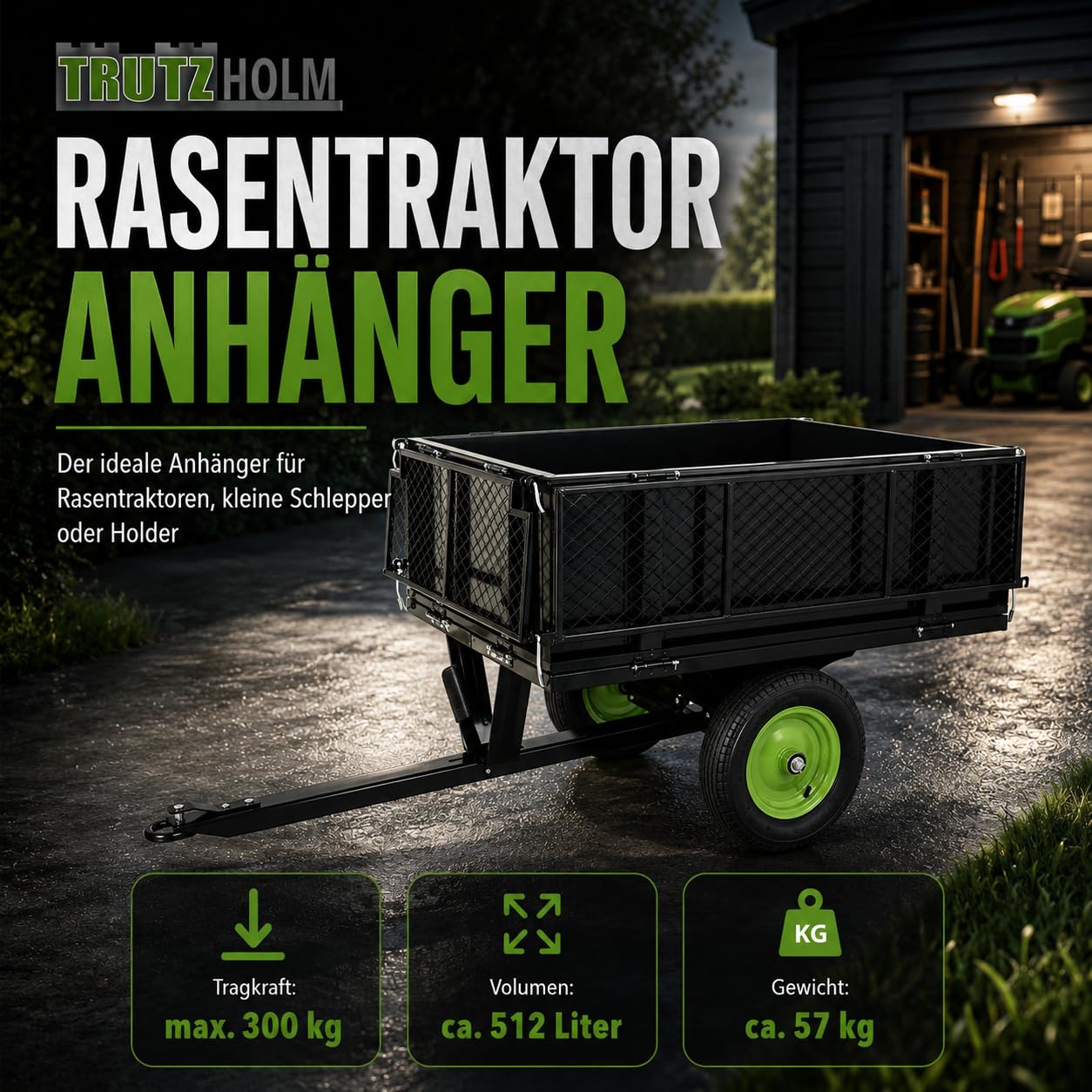 TRUTZHOLM Anhänger Rasentraktor 300 kg kippbar Aufsitzmäher Hänger Traktor Kippanhänger ATV Quad mit Kupplung zum Transport von Erde, Dünger und Laub