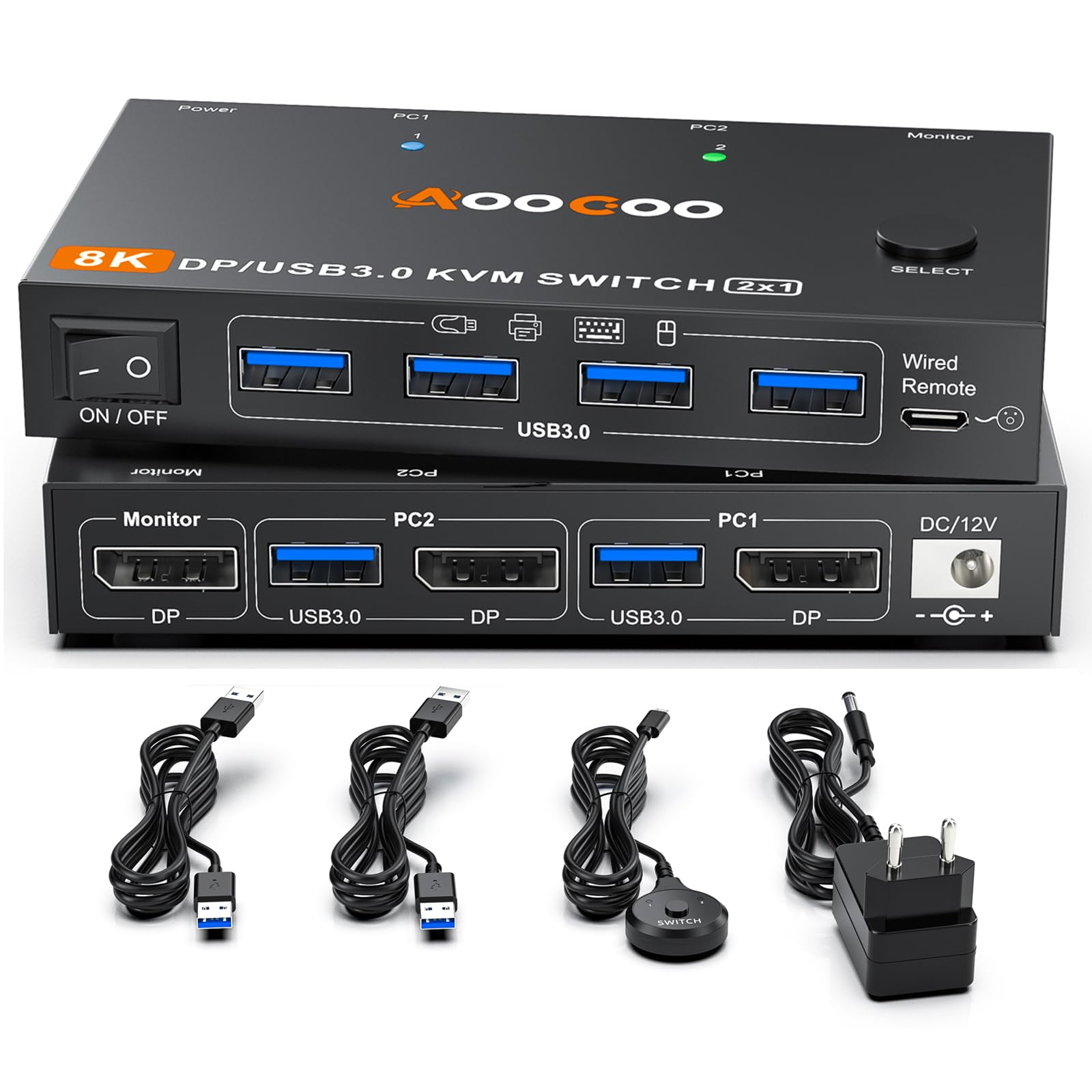 Commutateur KVM DP1.4 2 PC 1 moniteur 8K à 60 Hz/4K à 240 Hz Commutateurs KVM télécommande filaire Câble USB 3.0 inclus