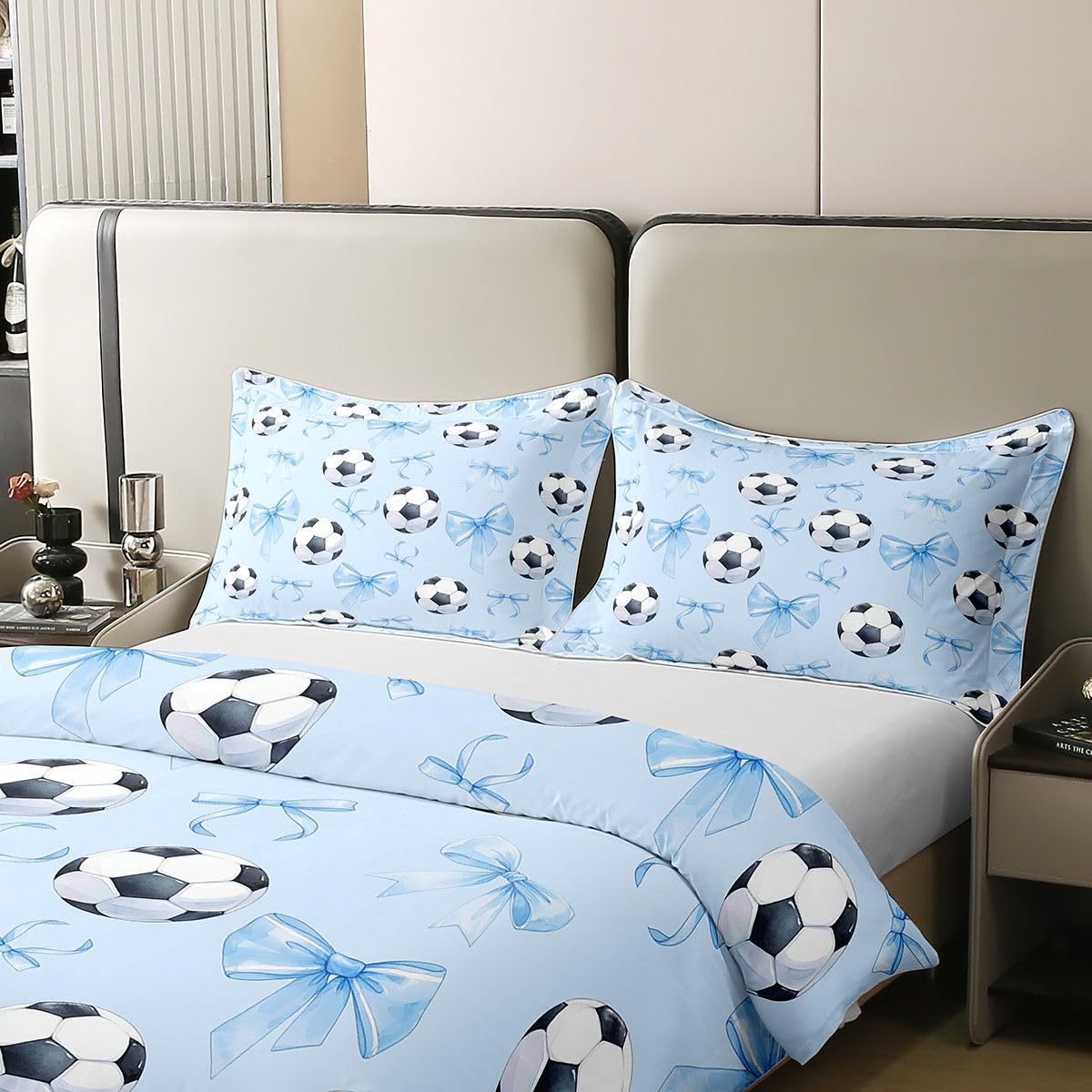 Homewish Gra w piłkę nożną pojedyncza poszewka na kołdrę z 1 poszewką na poduszkę - bawełna miłośnik piłki sportowej zestaw pościeli niebieska wstążka kokardka poszewka na kołdrę zestawy łóżek