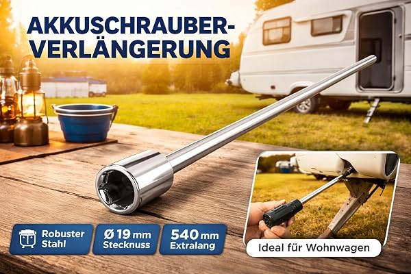 Wohnwagen Kurbel für Akkuschrauber Aufsatz stabile Stahl Verlängerung 54 cm mit 19 mm 6-Kant Nussadapter für Kurbelstützen Ausdrehstützen Steckstützen (1) - 5