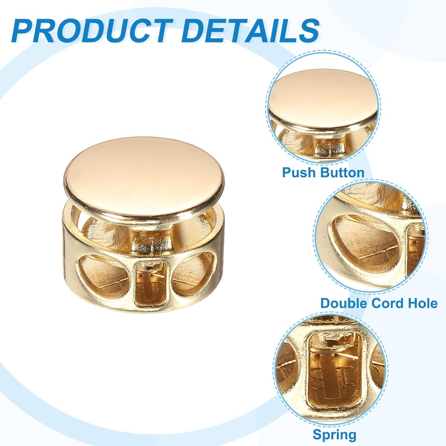 uxcell 10Pcs Double Hole Cord Locks, 4mm Round Metal Spring Toggle Stopper Clip for Shoelaces Drawstrings Paracord, Gold - Image 3