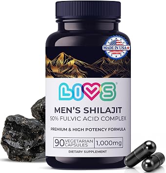 LIVS Pure Himalayan Shilajit Capsules for Men 1000mg per Serving with 50% Fulvic Acid & 85+ Trace Minerals | Energy, Strength, Focus & Vitality Support | Vegan, Gluten-Free, Non-GMO 90 Capsules