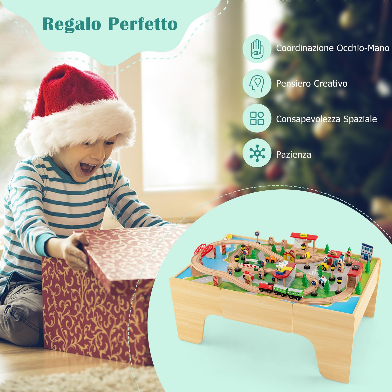 RELAX4LIFE Tavolo Attività in Legno per Bambini con Binari e Treno, da 84/80 Pezzi, Piano Reversibile e Rimovibile, Cassetto per Ragazzi e Ragazze (Naturale,84 pezzi)