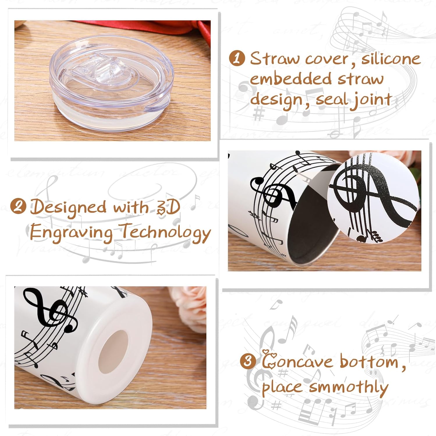 Umigy 2 Pieces Musical Note Gift Tumbler with Lid Straw and Brush, 20 oz Musical Note Travel Coffee Mug Stainless Steel Cup for Valentine's Day Music Lovers Singers Player Teacher Gifts - Image 3